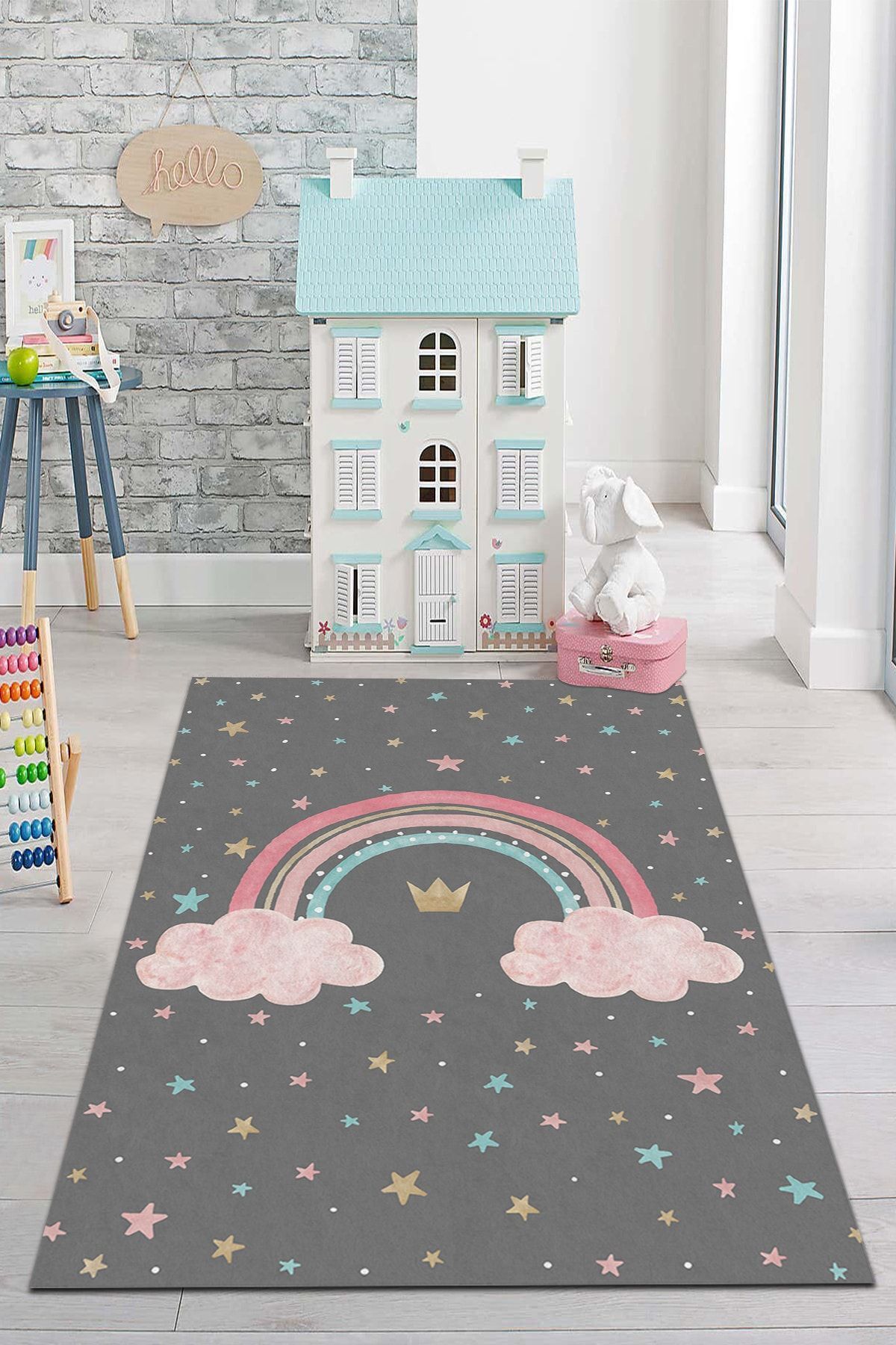 Digital Printing Anti-Slip Machine Washable Pink Rainbow Patterned Children's Room Rug Play Rug-3
