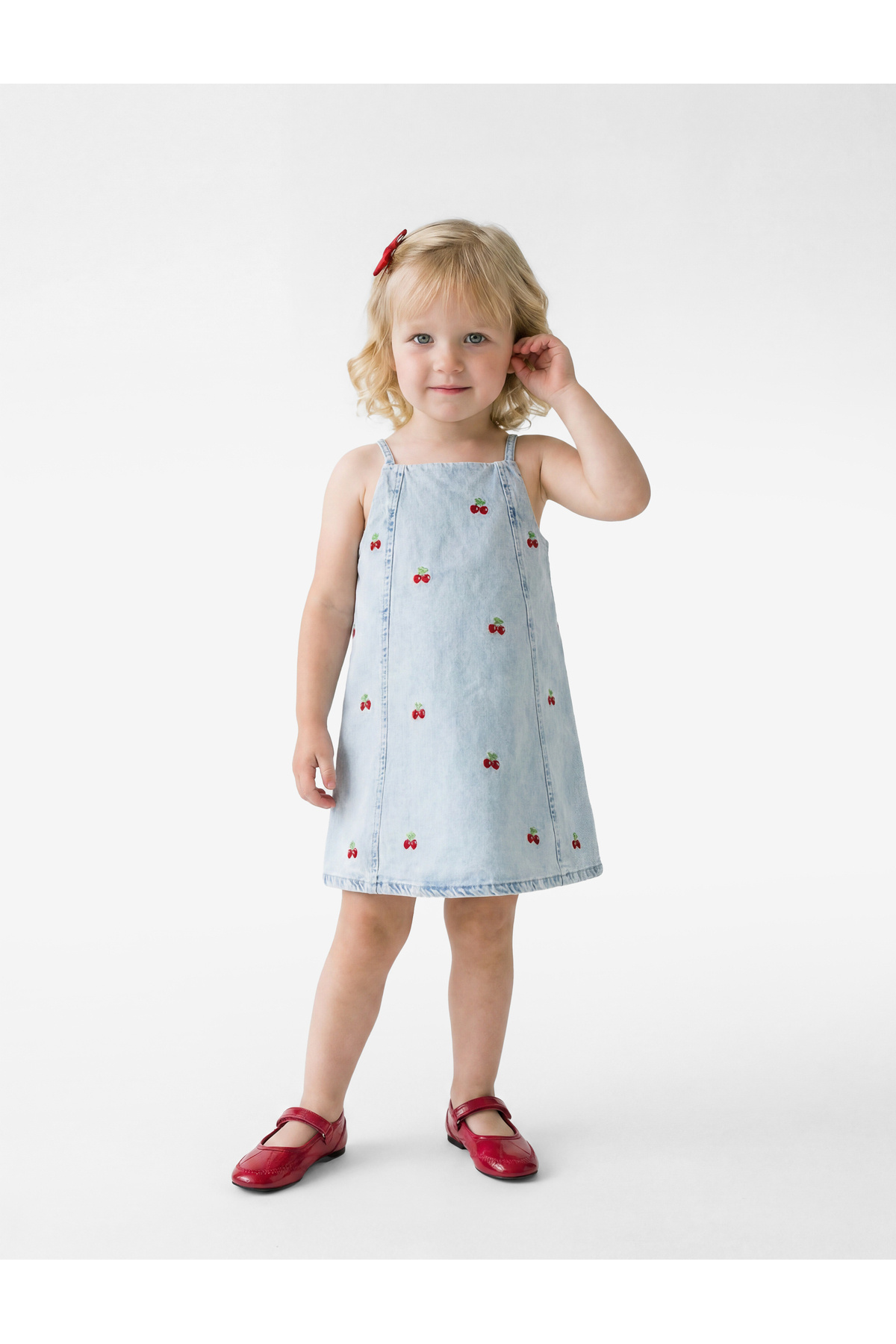 Koton Strawberry Detailed Square Neck Strap Denim Dress