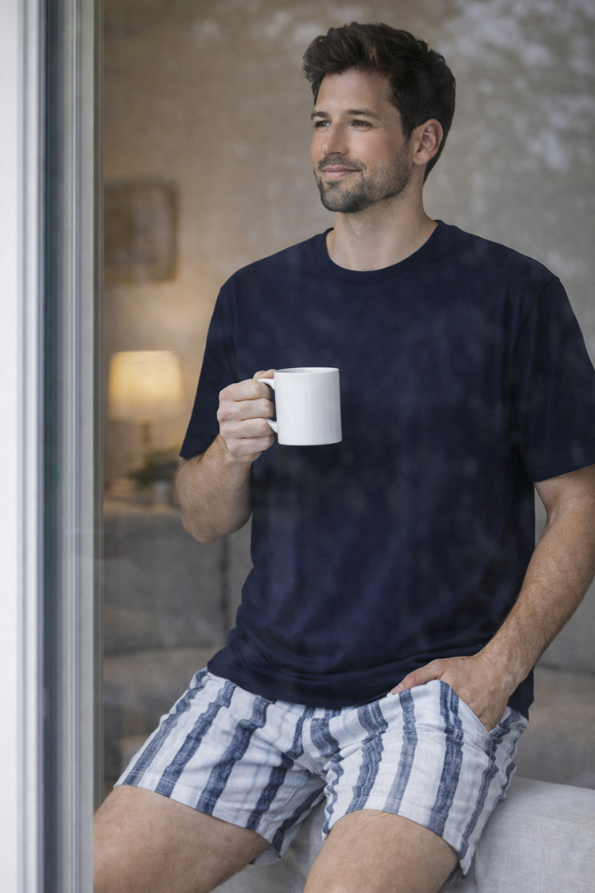 koza iç giyim Men's Cotton Short Sleeve Striped Pocket Shorts Pajama Set