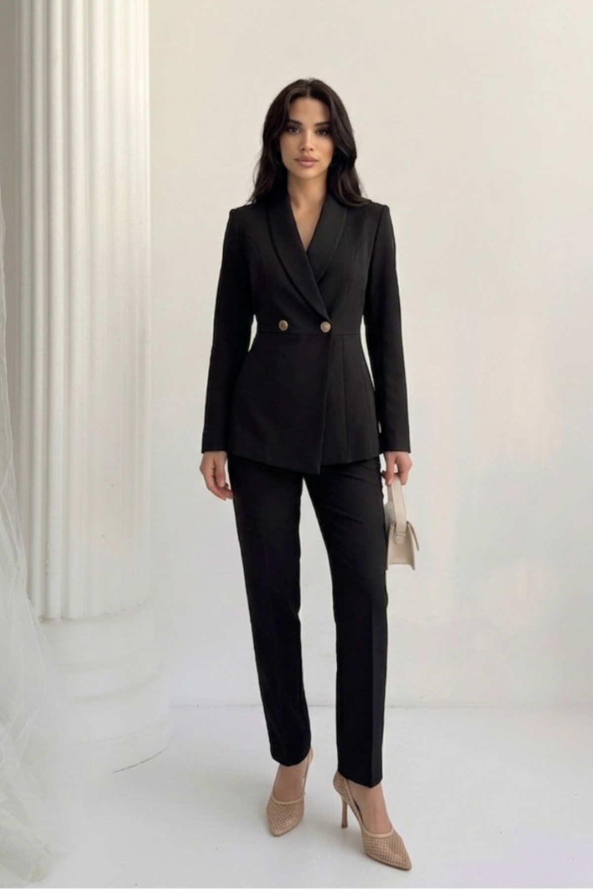 Potenza Women's Suit Blazer Jacket Pants Set Pleated Detail Flared Leg Bottom Top Set