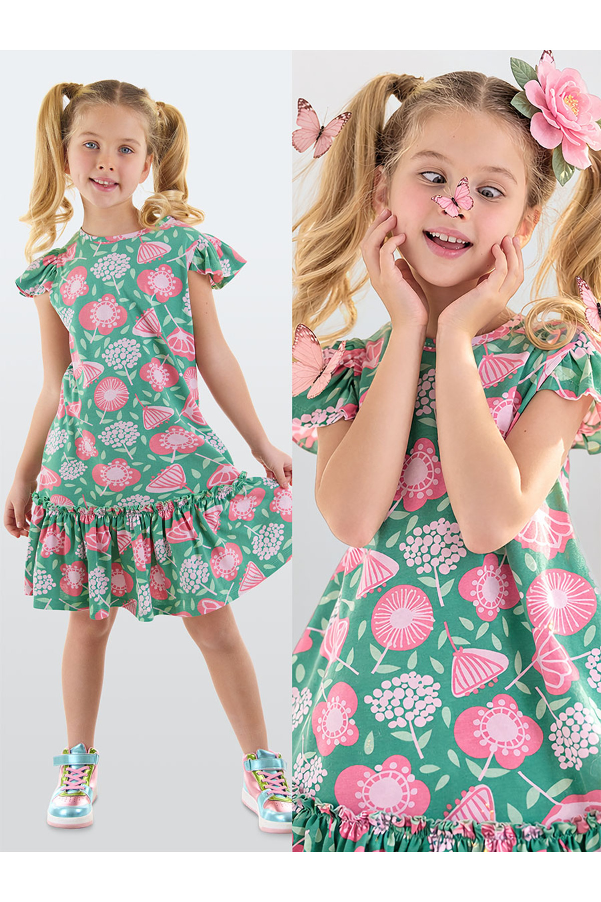 Denokids Pembe Çiçekli Kız Çocuk Yeşil Fırfırlı Yazlık Elbise