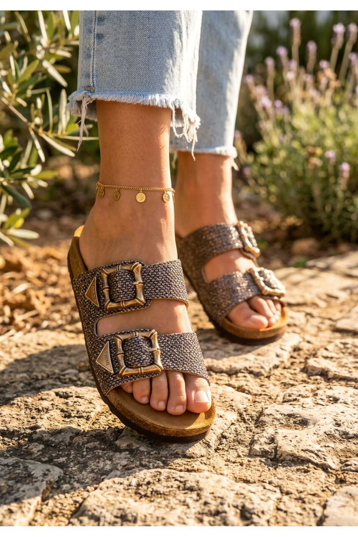 Women's Coffee Mesh Material Mushroom Orthopedic Insole Buckle Slippers