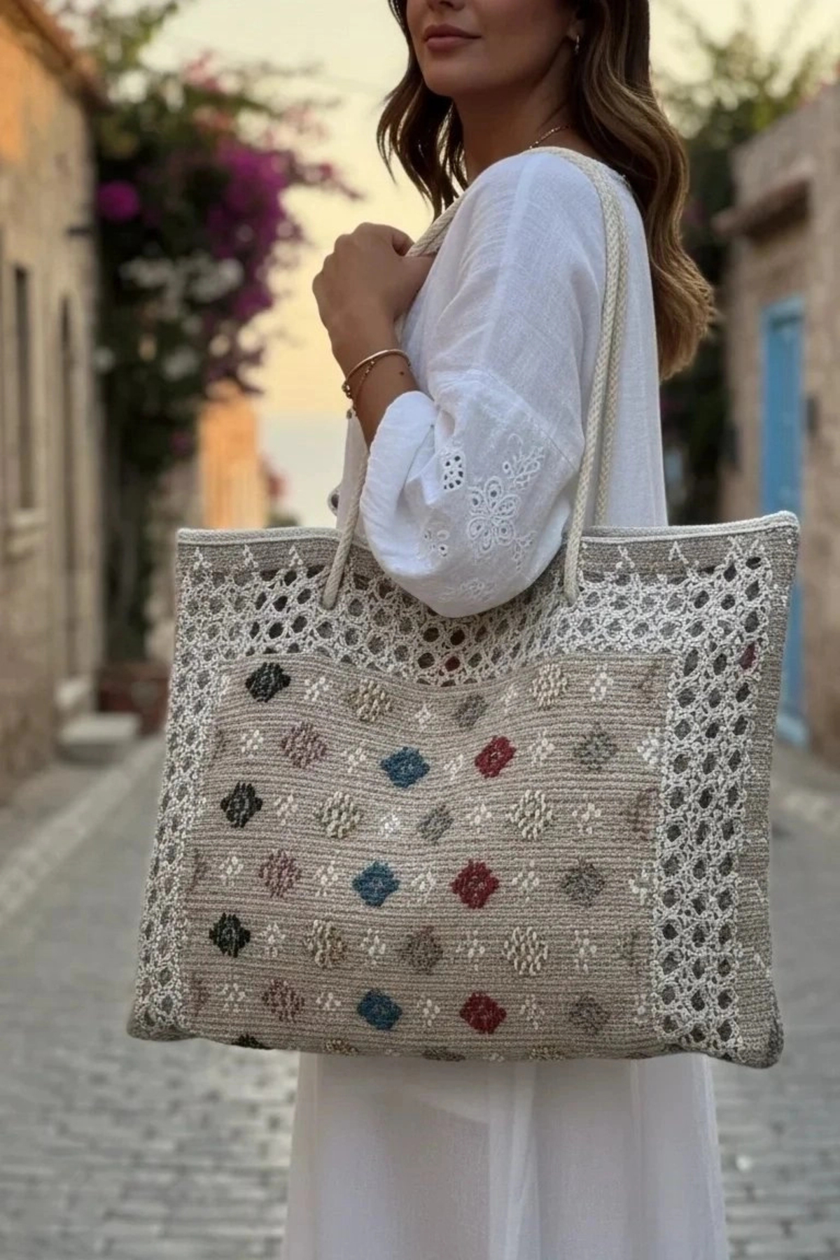 LUGMO Plažna torba za rame od jute, pletena, sa zatvaračem, 50×40 cm
