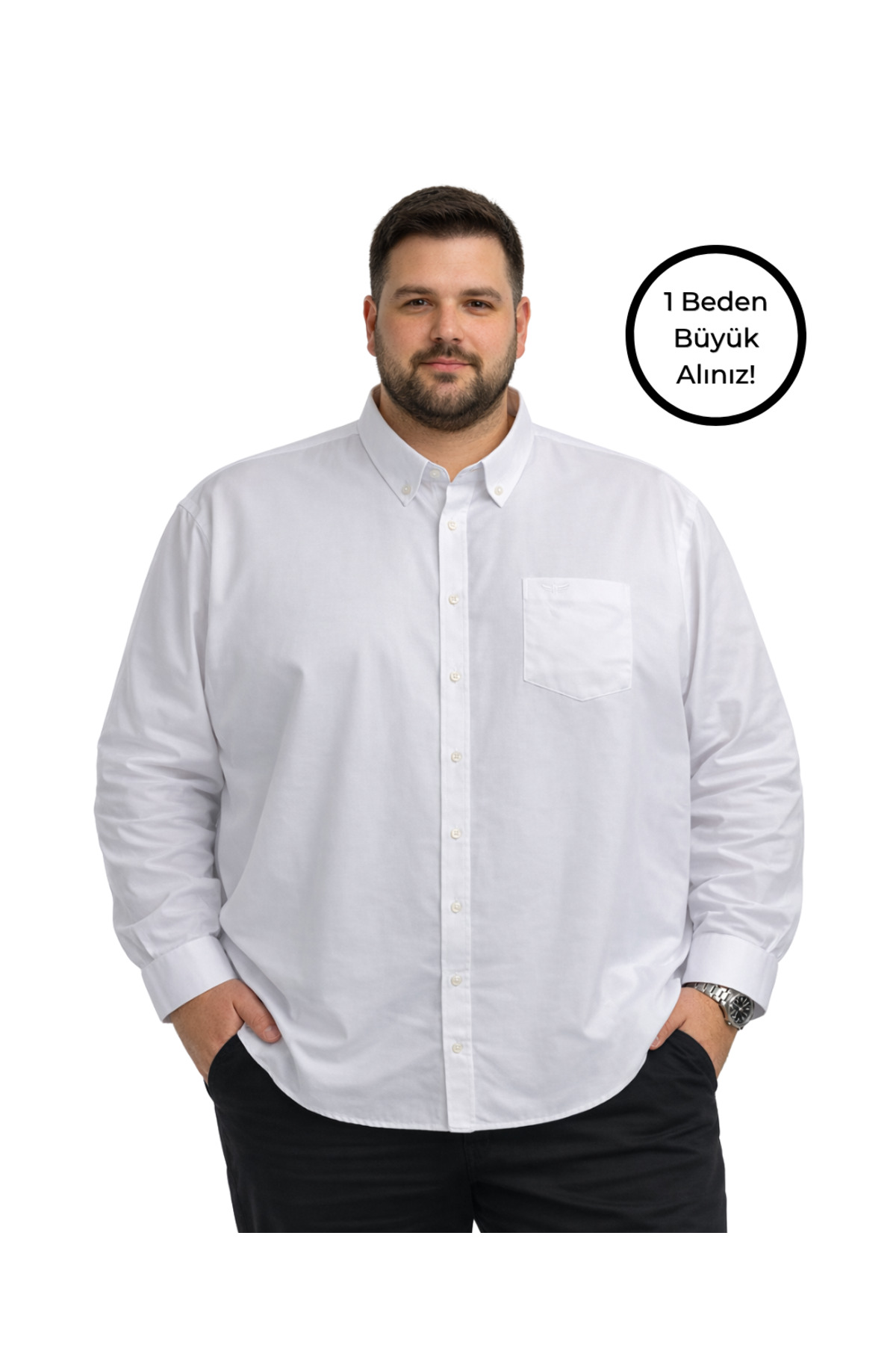 BattalModa Erkek Büyük Beden Beyaz Uzun Kollu Gömlek 3XL-4XL-5XL-6XL-7XL-8XL