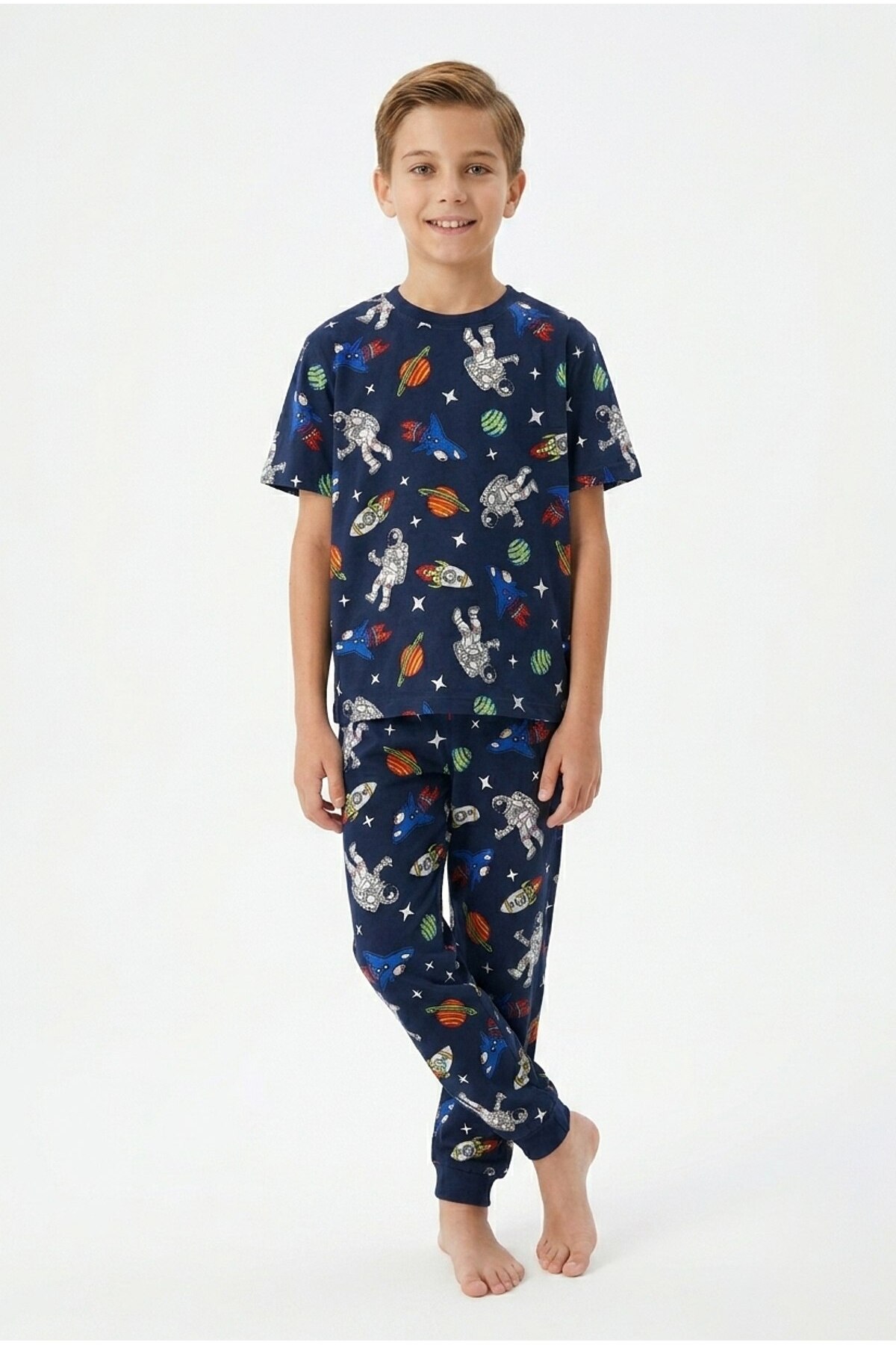 boys 100% cotton summer short-sleeved pajamas set - planet and space themed