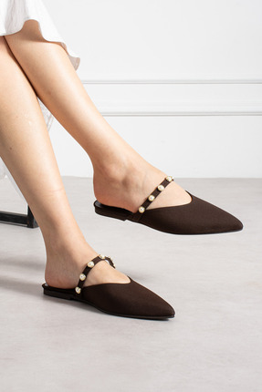 LORENN SHOES Pearl Kahve Mat Saten İnci Detaylı Kadın Terlik