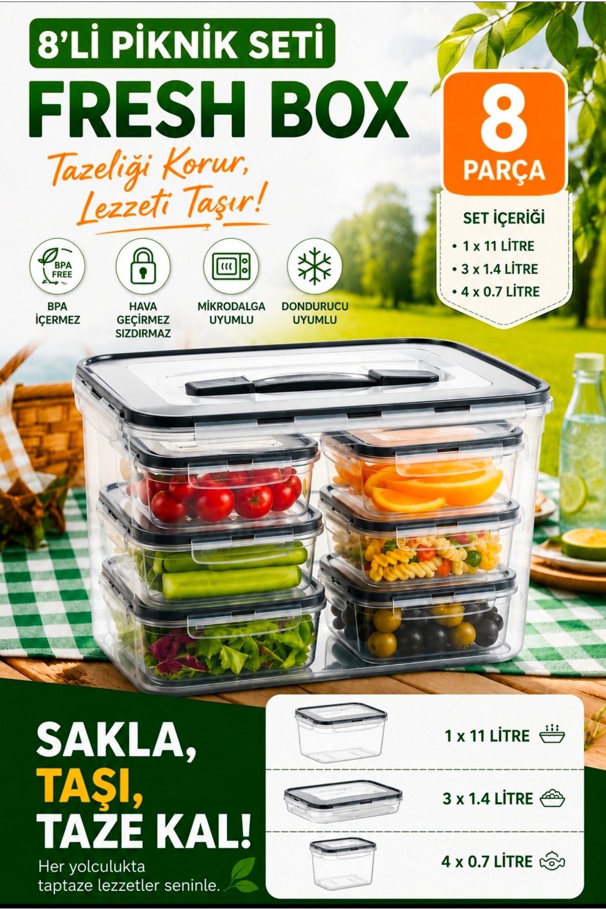Herza House Fresh Box 8'li Piknik Seti | Sızdırmaz Saklama Kabı