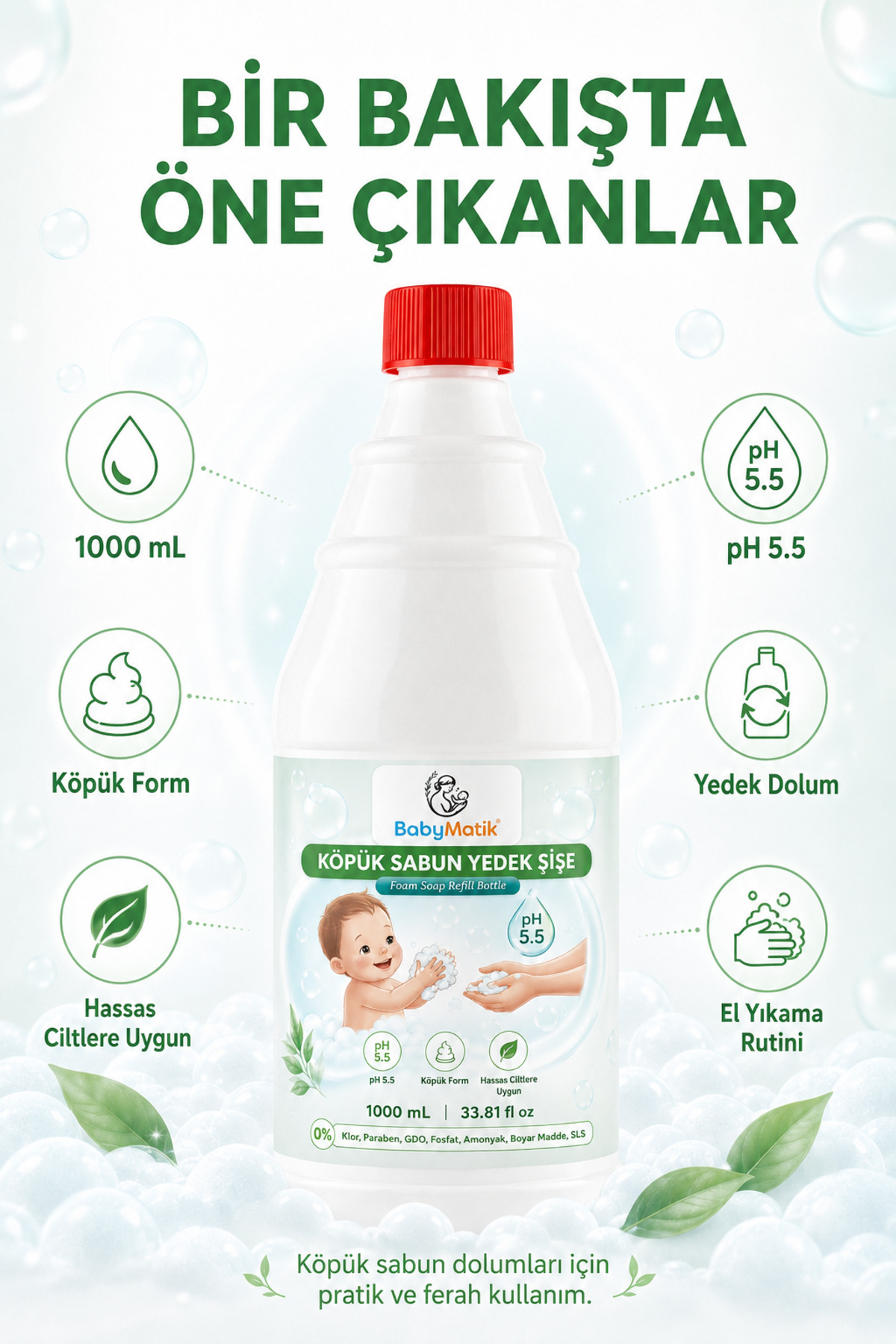 El Yıkama Köpüğü Yedek Şişe, Ph5.5, Çoçuk Ve Hassas Ciltler Için Özel Formül, 1000mL — BM-0000-06 — تصویر 8 از 8