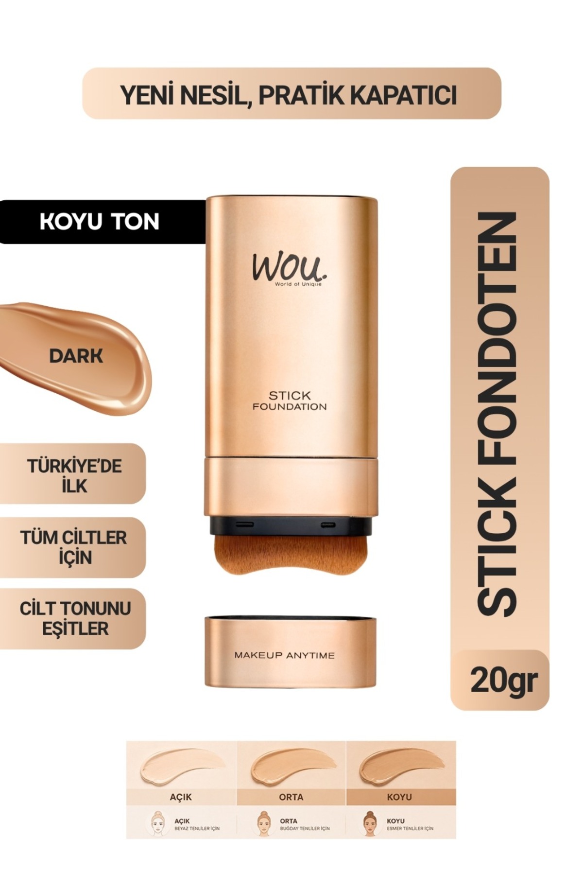 WOU World of Unique Stick Fondöten, Fırçalı Pratik Kapatıcı, 2 in 1, 20 gr, Koyu Ton - Fiyatı, Yorumları