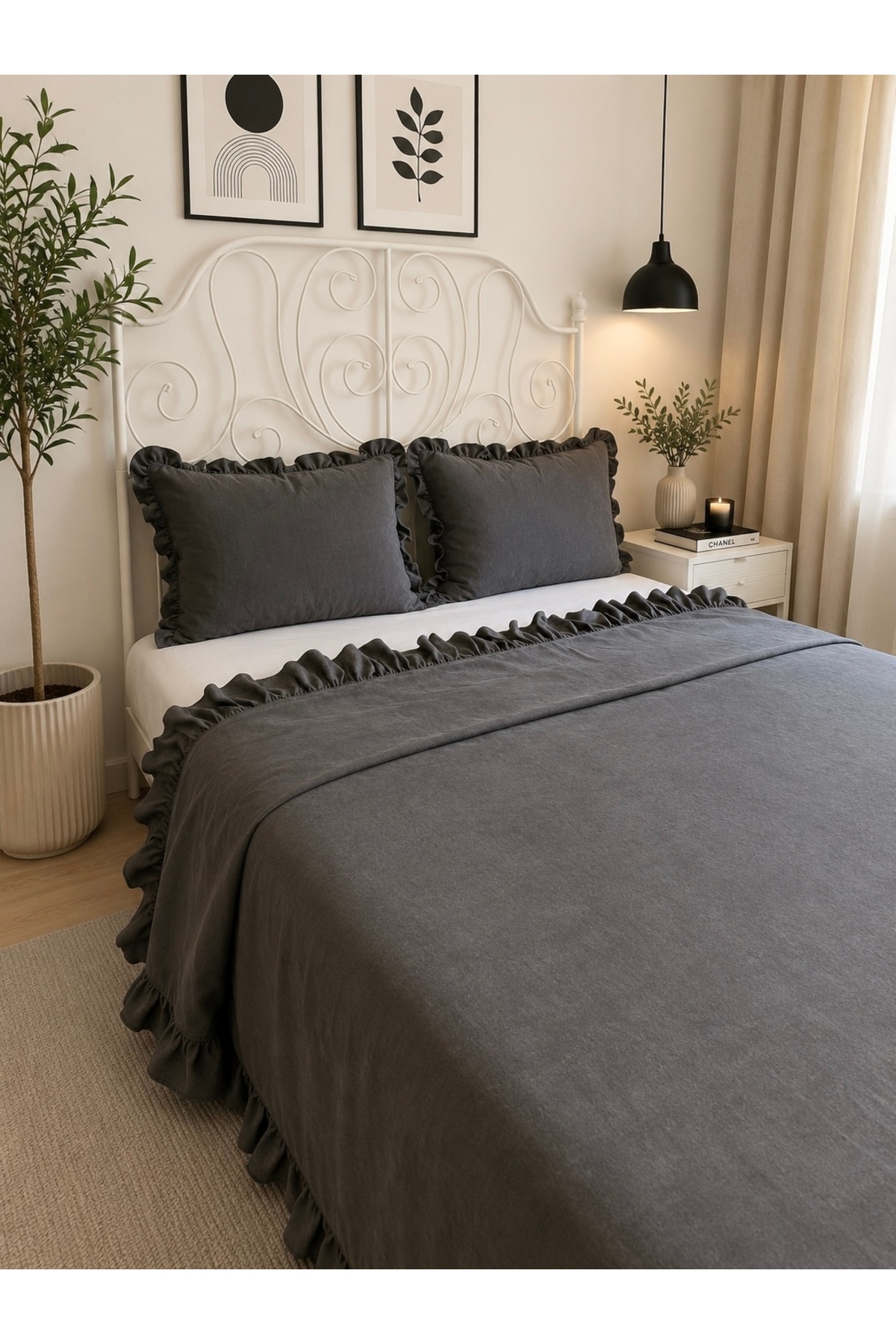 Vintage Ruffle Anthracite Gray Smoked Bedspread Double