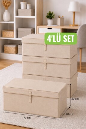 Helen's Home 4’Lü Set Büyük Boy Kapaklı Kutu Hurç 70x40x30 Saklama Kutusu Bat...