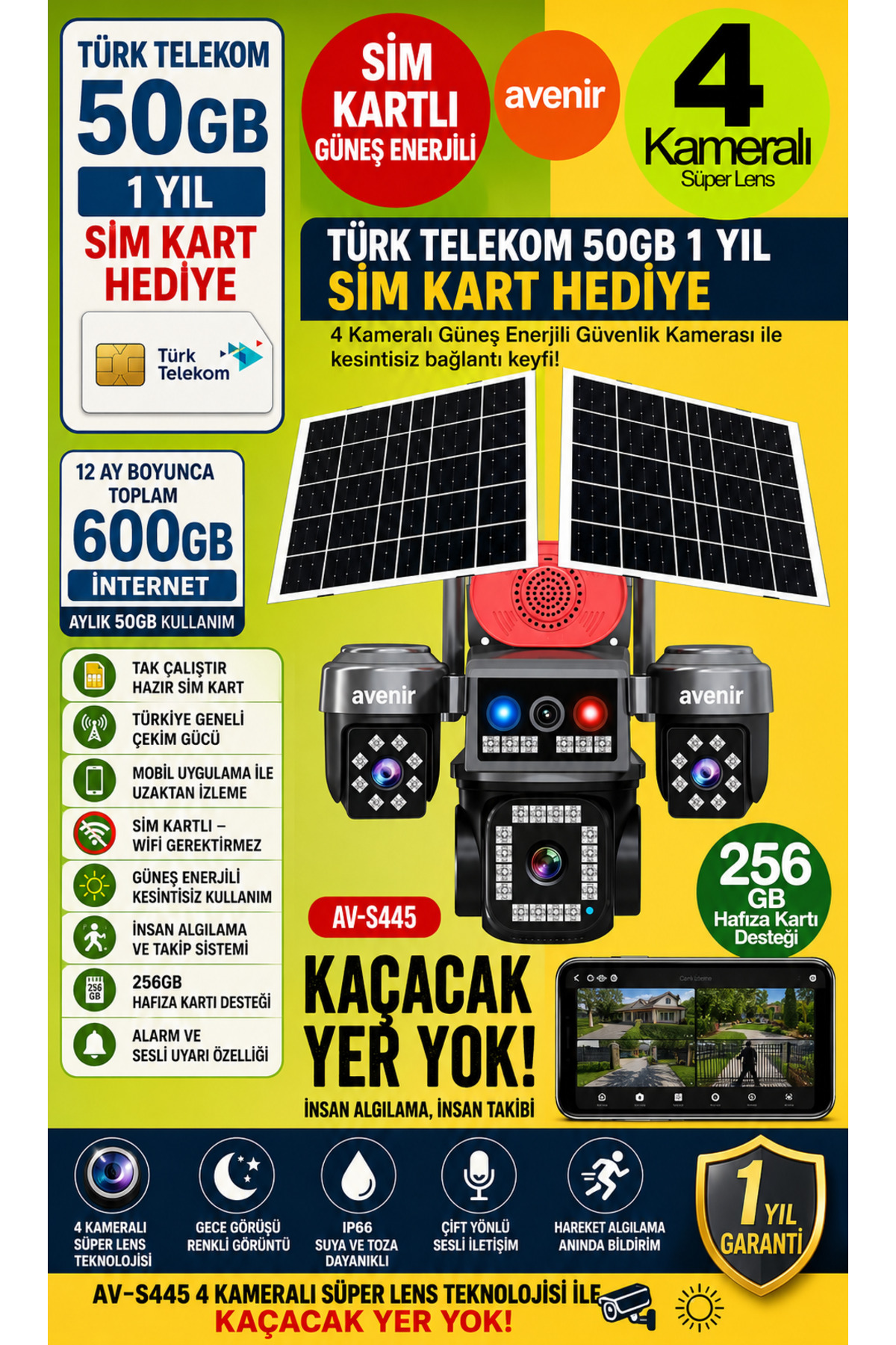 Solar Powered Security E-SIM with 4 Cameras –Dual Solar Panels with SIM Card