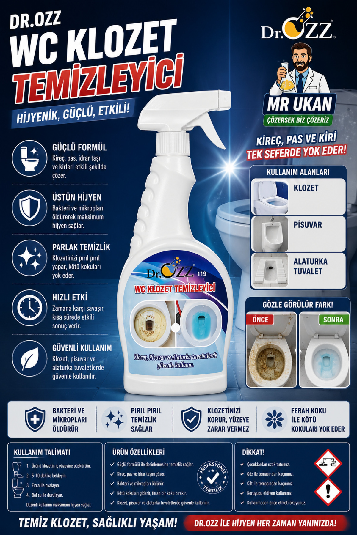 Dr.Ozz 119 Klozet Temizleyici Ağır Kirler Için Tuvalet Wc Klozet