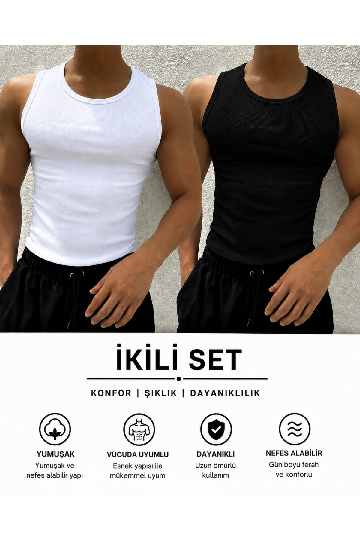 Livik Erkek Halter Yaka Slimfit Fitilli Sporcu Likralı Atlet Siyah ve Beyaz İkili Avantajlı Paket