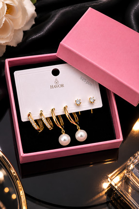 havor 925 Ayar Gümüş Çivili - Pirinç Malzeme - Gold Renk İnci Detaylı Kadın K...