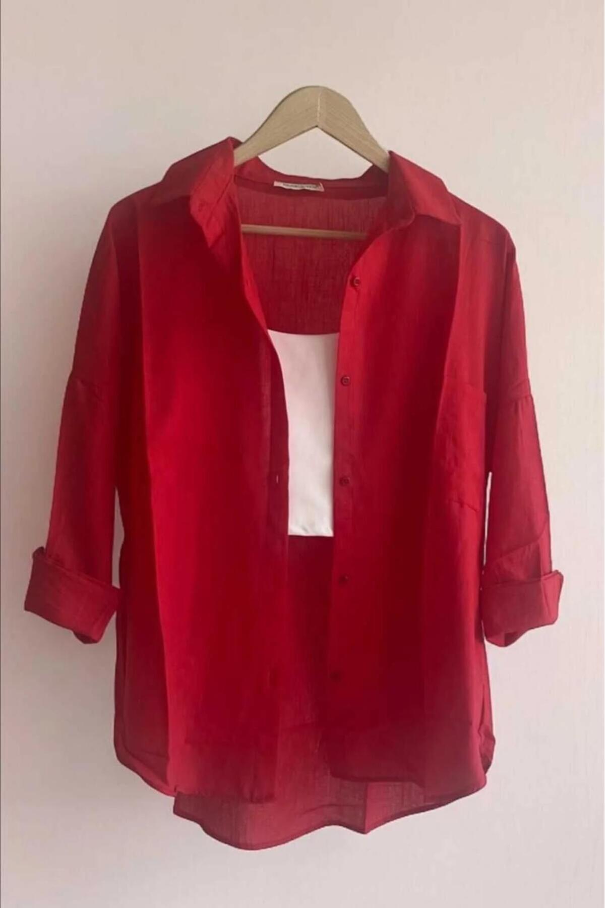 Rouge basıc  Oversize Keten Dokulu %100 Pamuk Salaş Gömlek - Görsel 4