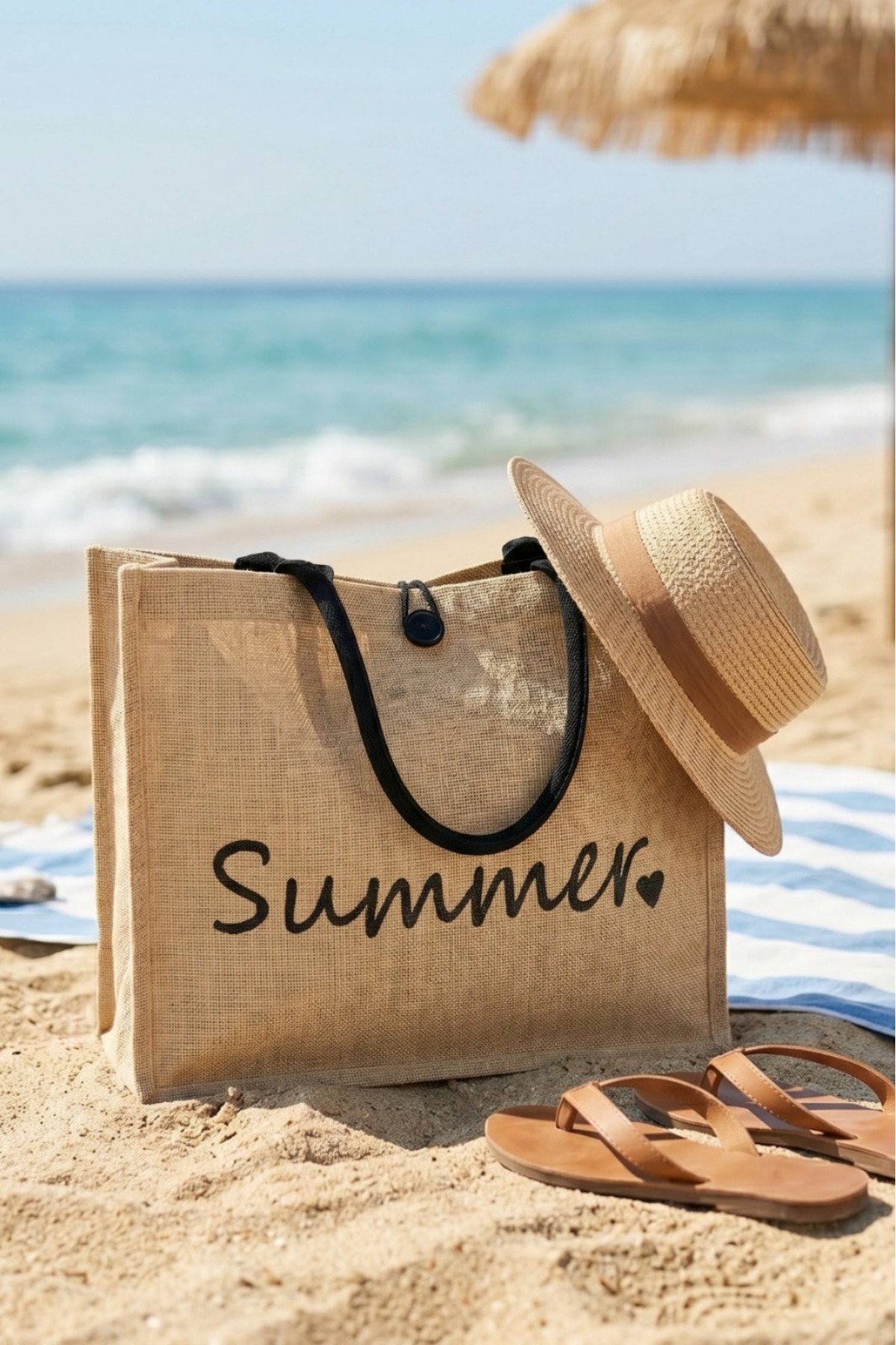GNC DESİGN Natural Kadın Jüt Summer Desenli Hasır Plaj Çantası görsel 2