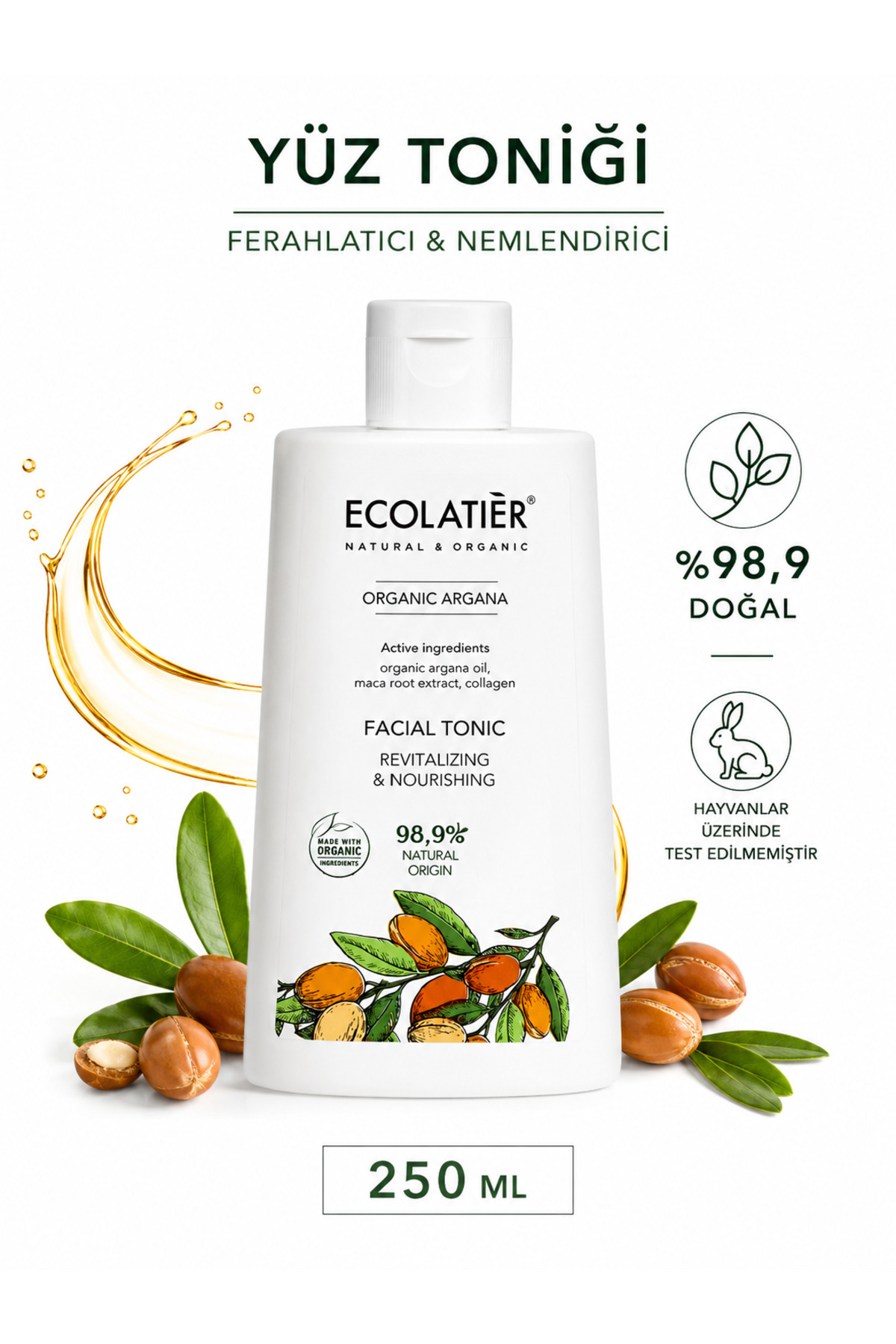 ECOLATIER Yüz Toniği Organik Argan Yağlı Canlandırıcı Nemlendirici Tüm Ciltler İçin 250 ml — 8606032061921
