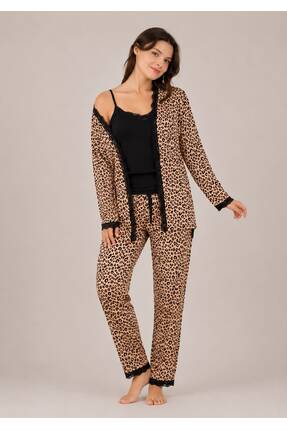 GAMDELLE MODA Kadın Leopar Desenli Sabahlıklı Üçlü Takım