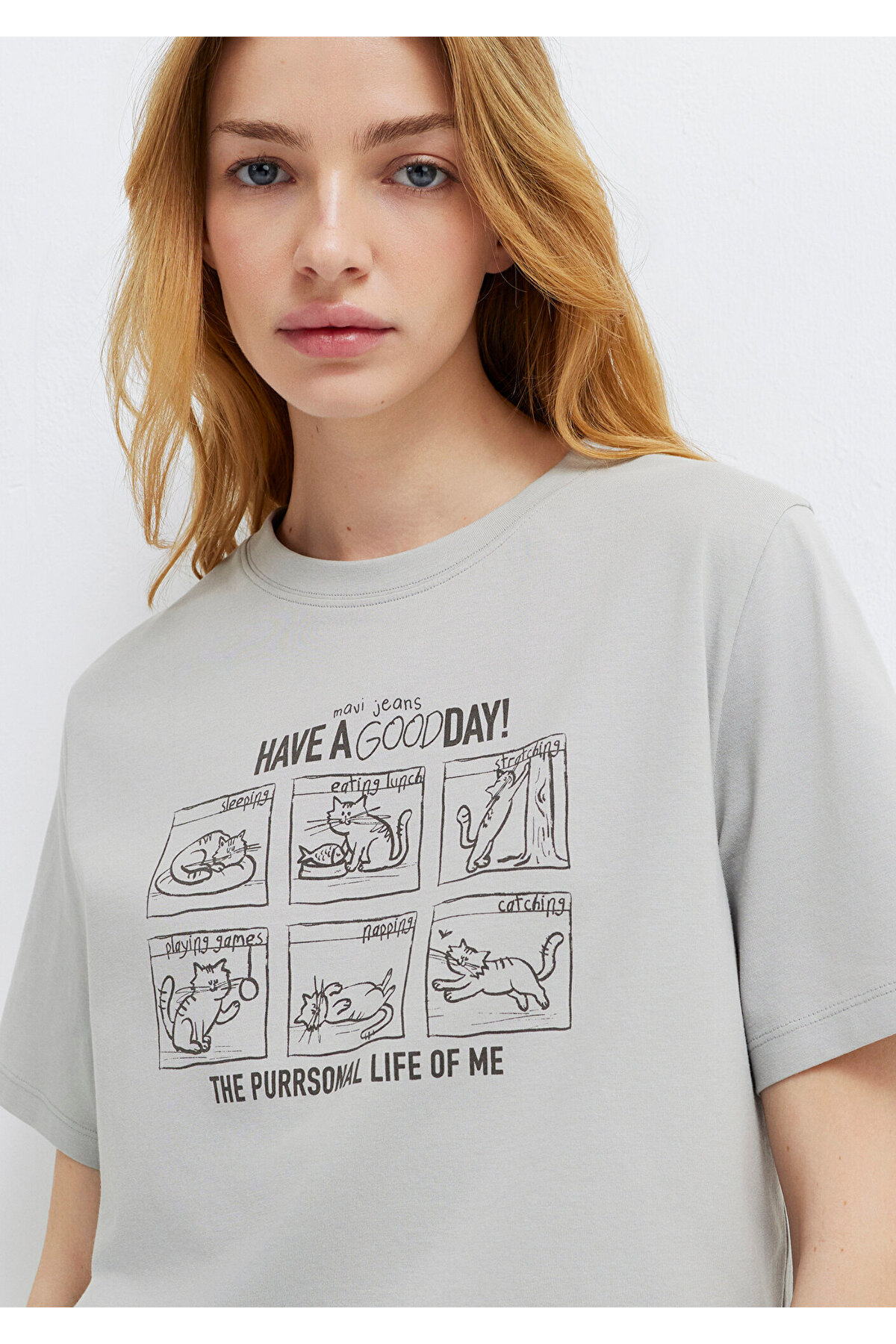 Cat Printed Grey T-Shirt Regular Fit / Normal Cut1613876-70075