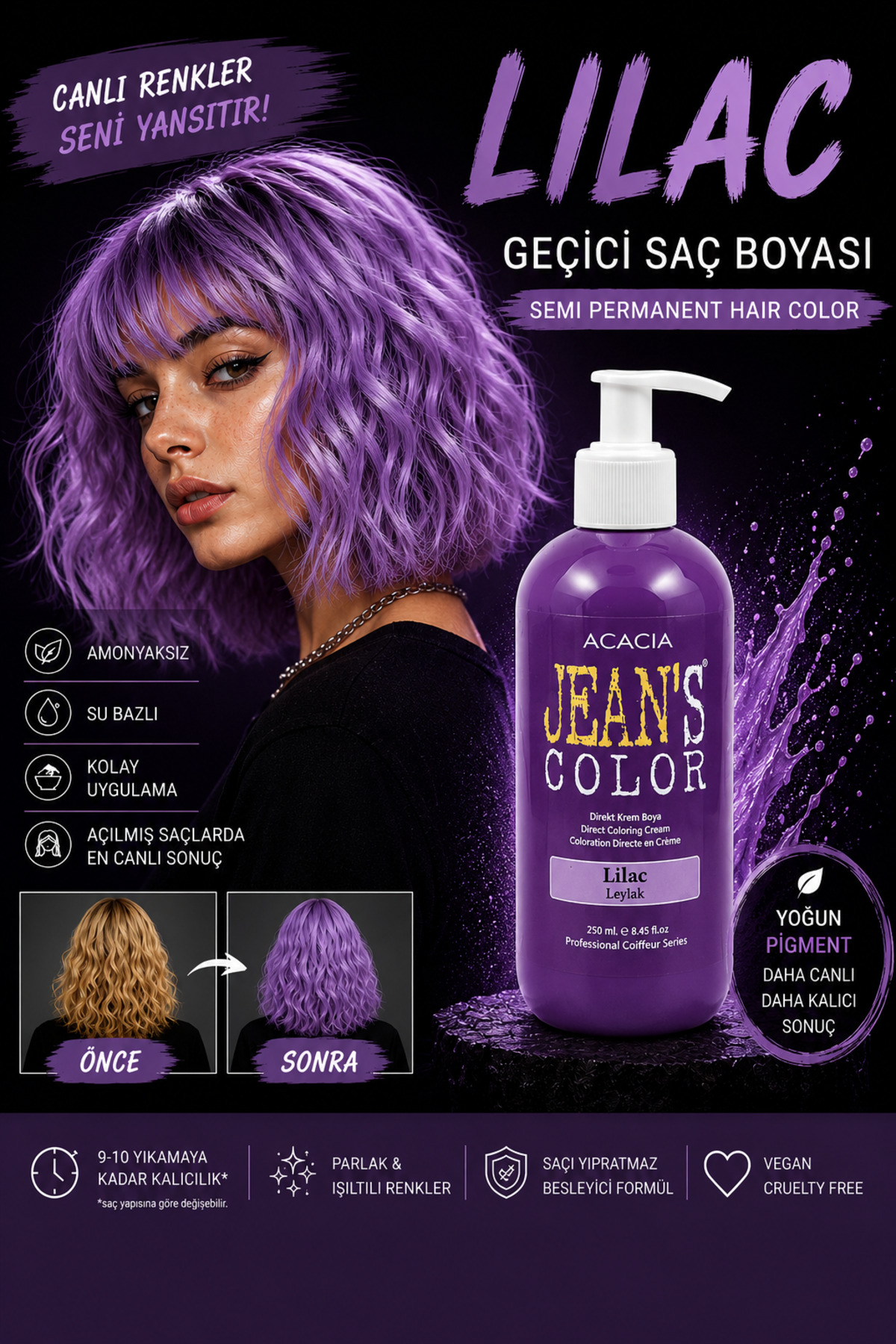 jeans color Amonyaksız Renkli Saç Boyası Leylak 250 Ml. Kokusuz Su Bazlı Lılac Hair Dye — بنفش 22222