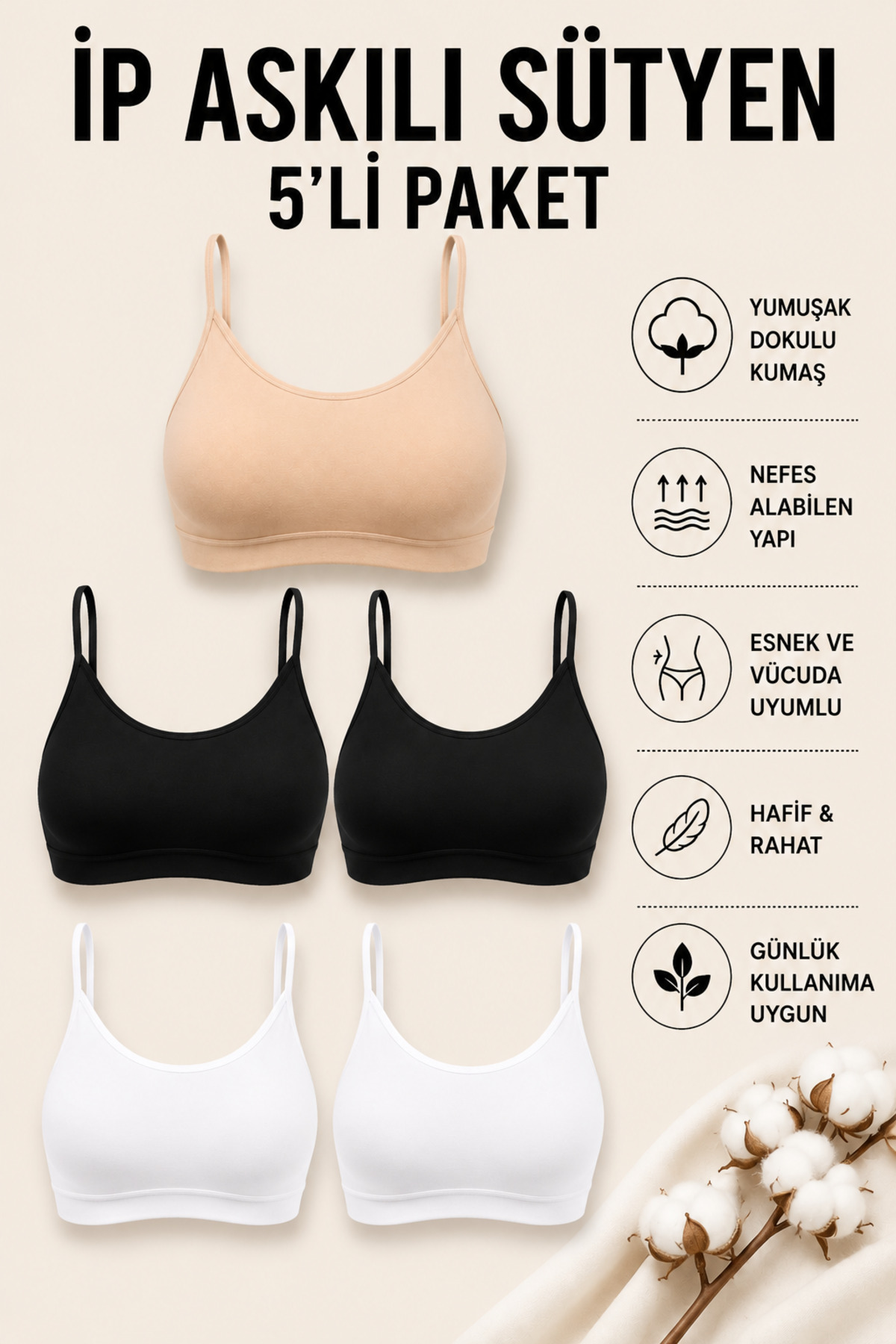 Mudcosıo Kadın İp Askılı Pedli Sütyen 5'li Paket Pamuklu Esnek Rahat Bralet Sporcu Sütyen