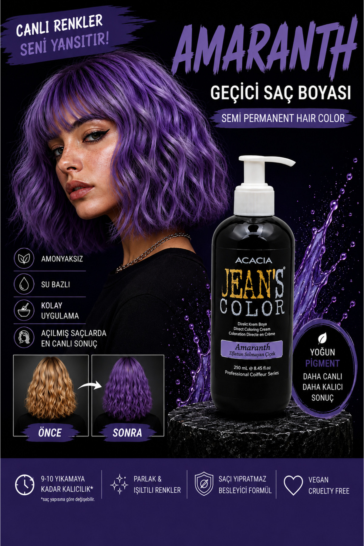jeans color Amonyaksız Renkli Saç Boyası Eflatun Solmayan Çiçek 250ml. Kokusuz Su Bazlı Amaranth Hair Dye — بنفش 22222