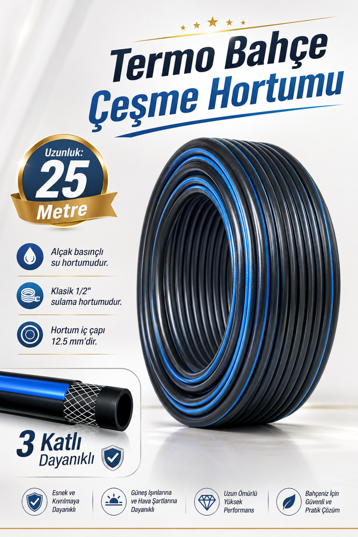 NZB Kauçuklu Termo Bahçe Hortumu 25 Metre Dayanıklı 3 Katlı Sağlam