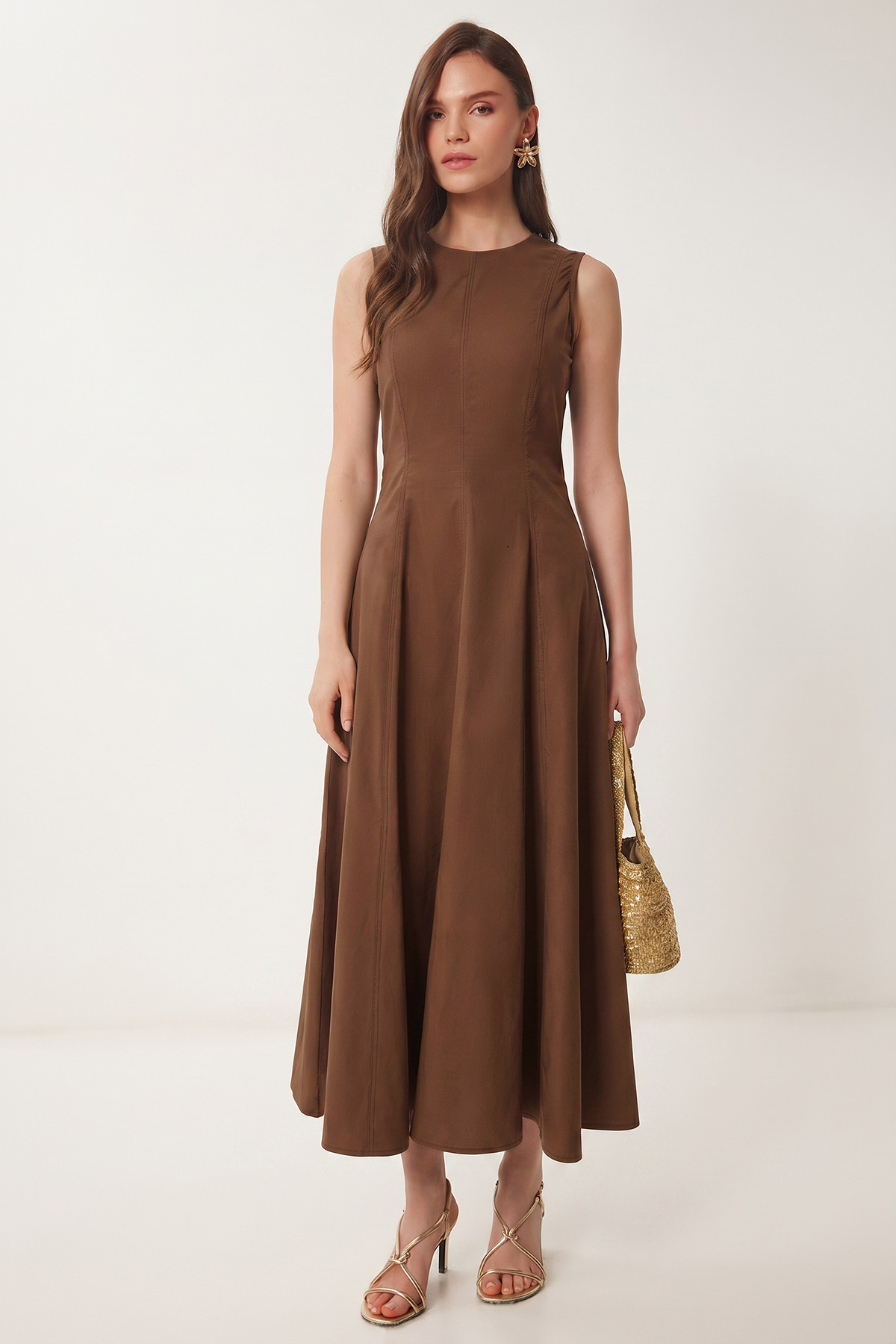 Lovelyİstanbul Sleeveless Long Summer Poplin Dress Lfg0187 Kakao
