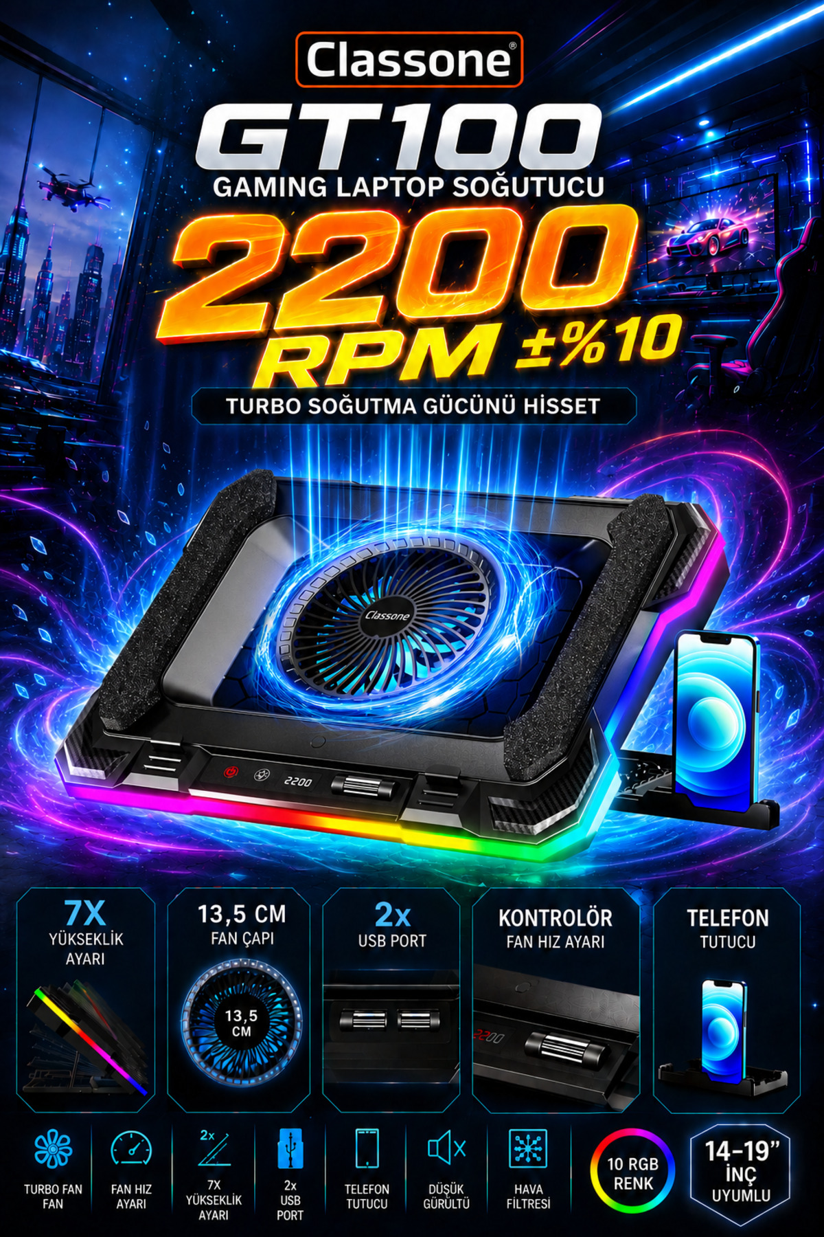Classone Gt100 Gaming Laptop Sogutucu 2200rpm , Rgb Işıklı , Led