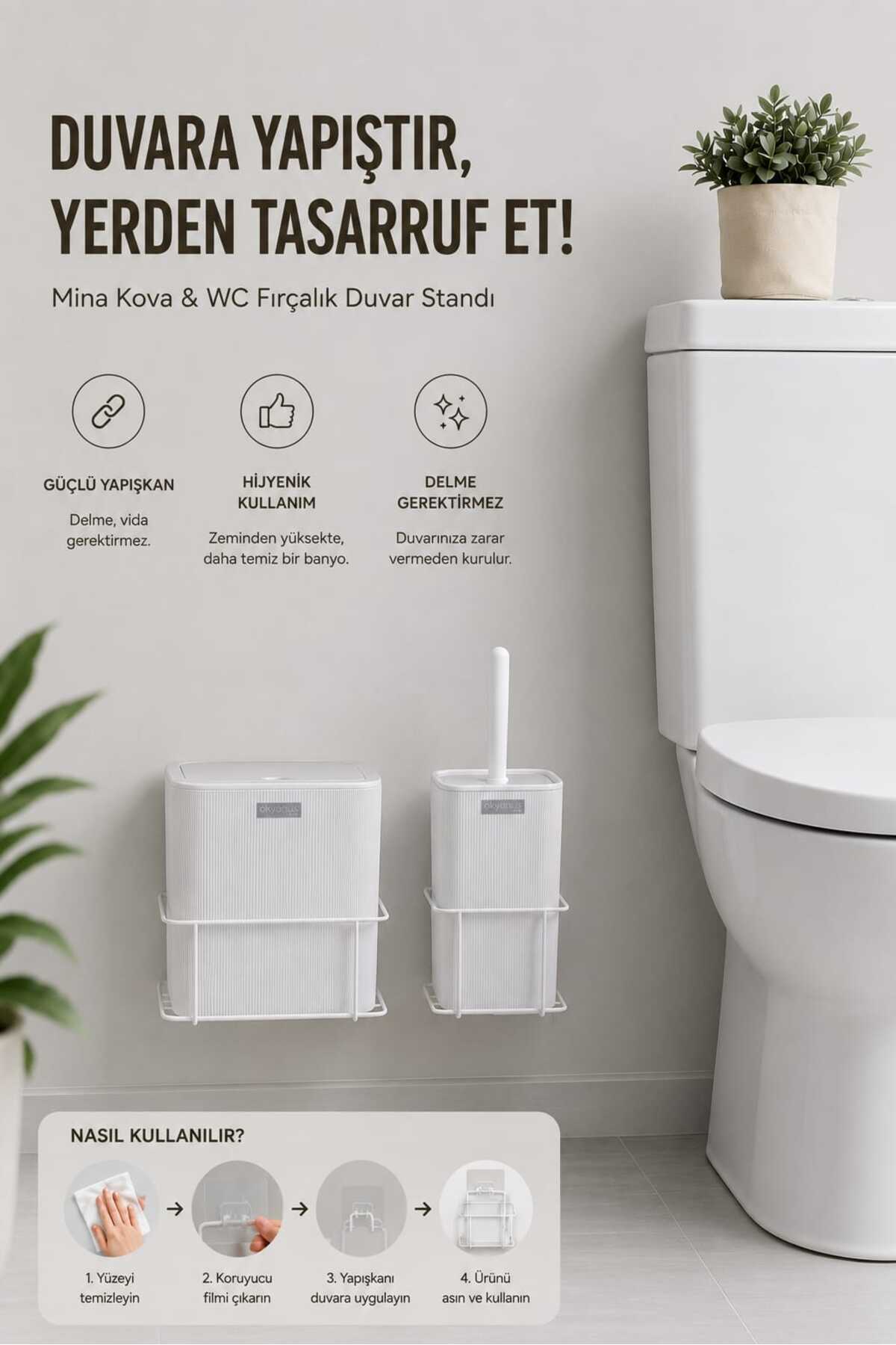 Okyanus Home Beyaz Eko Magic Askılı Kare Mina 2'li Wc Kova ve