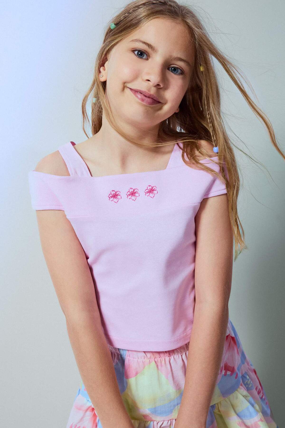 Defacto Boat Neck Ribbed Short Sleeve Pink Blouse Girls I0041A826Hs