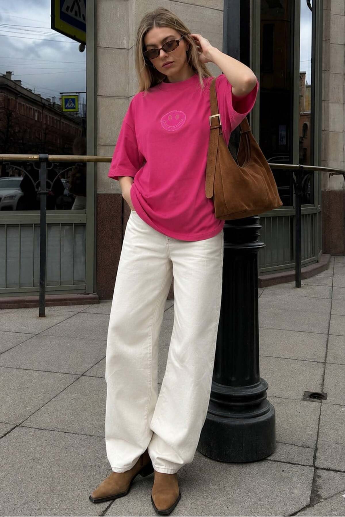 Madmext Pink Printed Oversize Crew Neck Women's T-Shirt