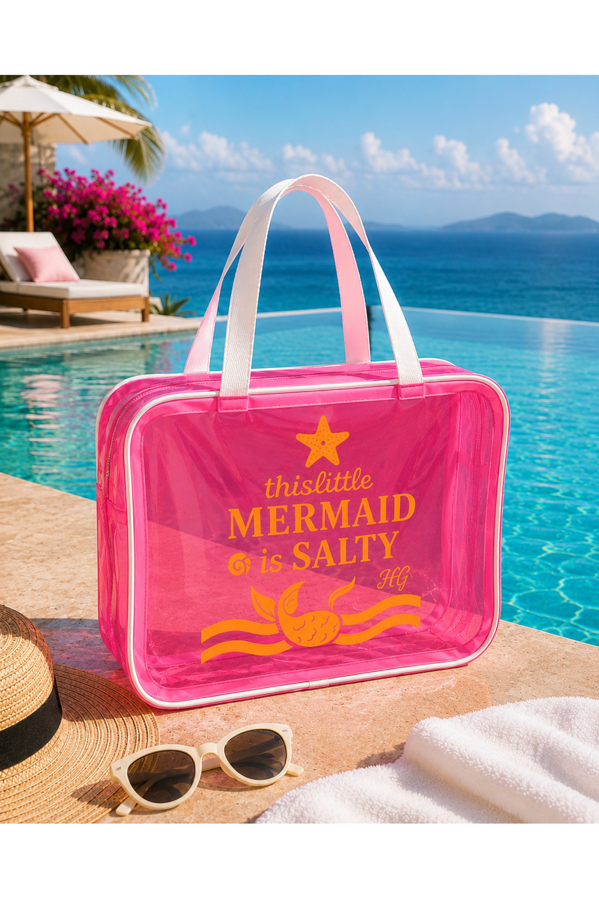 HİG HOME Pembe Büyük Boy Şeffaf Plaj Çantası | Mermaid Baskılı, Su Geçirmez, Tatil Çantası