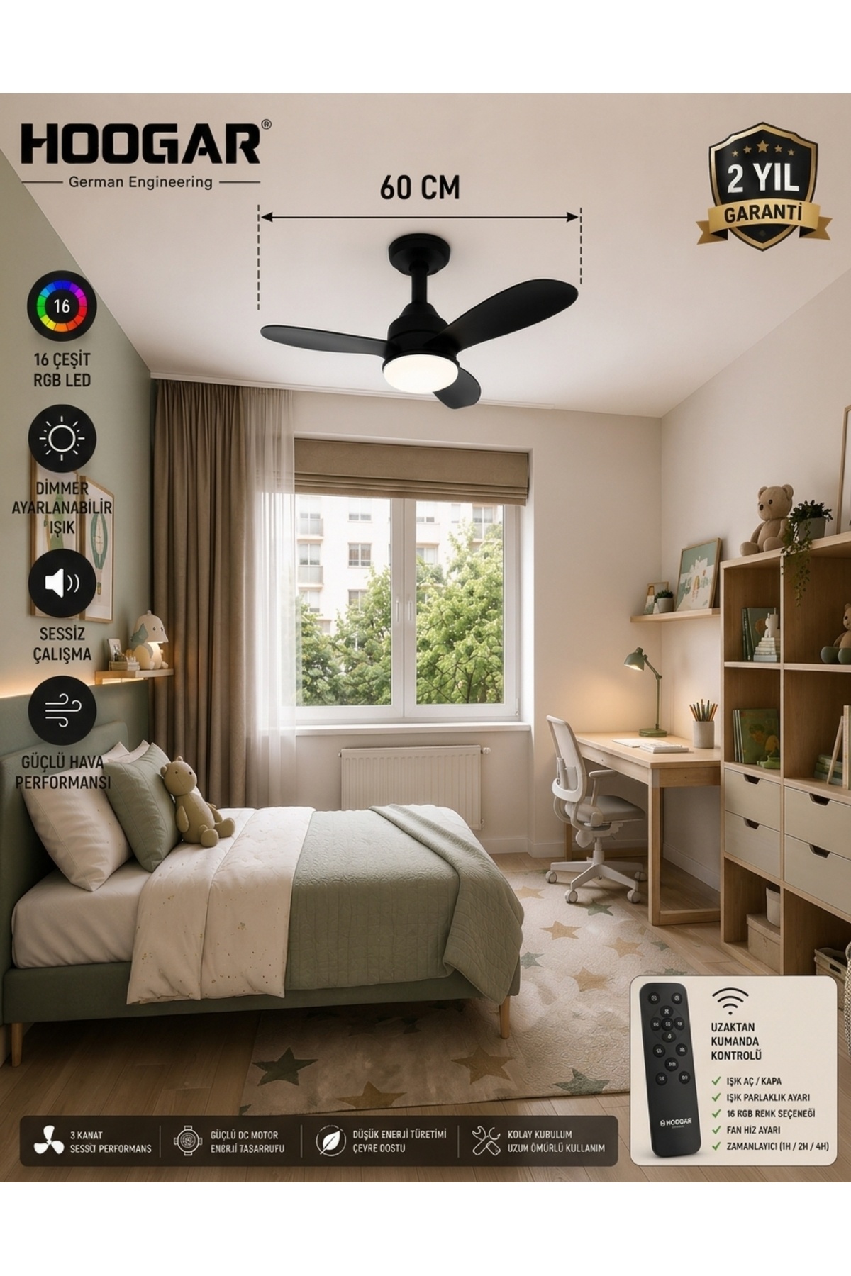 German New Black Super Fan 60cm Thick Wing Dimmable Adjustable Ceiling Fan RGB Led 18 Colors Silent Fly Repeller