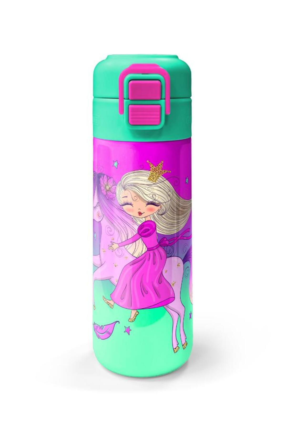 Kids Açık Pembe Mor Unicornlu Prenses Desenli Pipetli ve Direkt İçim Çelik Termos 500 ml
