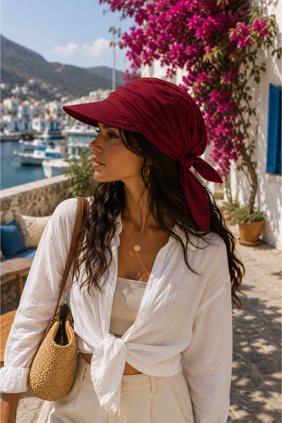 Wearflawless Bordo Safari Bağlamalı Siperli Bandana Şapka, Yazlık Güneşlik Şapka Plaj Deniz Vizör Şapka görsel 2