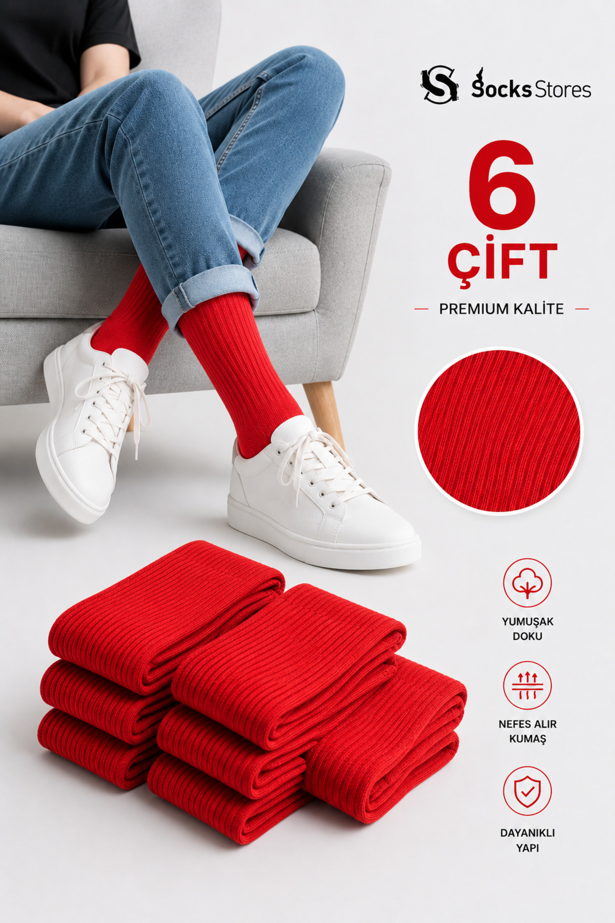 Socks Stores 6 Çift Unisex Pamuklu Soket Çorap - Kırmızı Renkli Tenis Boy Çorap