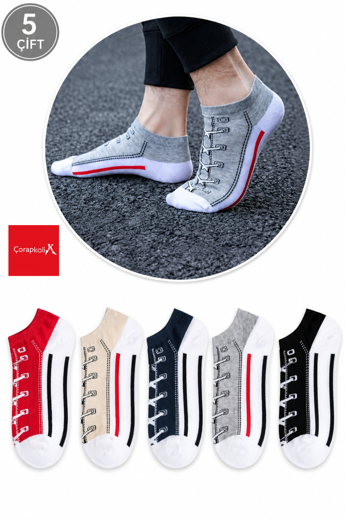 çorapkolik 5'li Unisex Desenli Renkli Kısa Patik Bilek Çorap