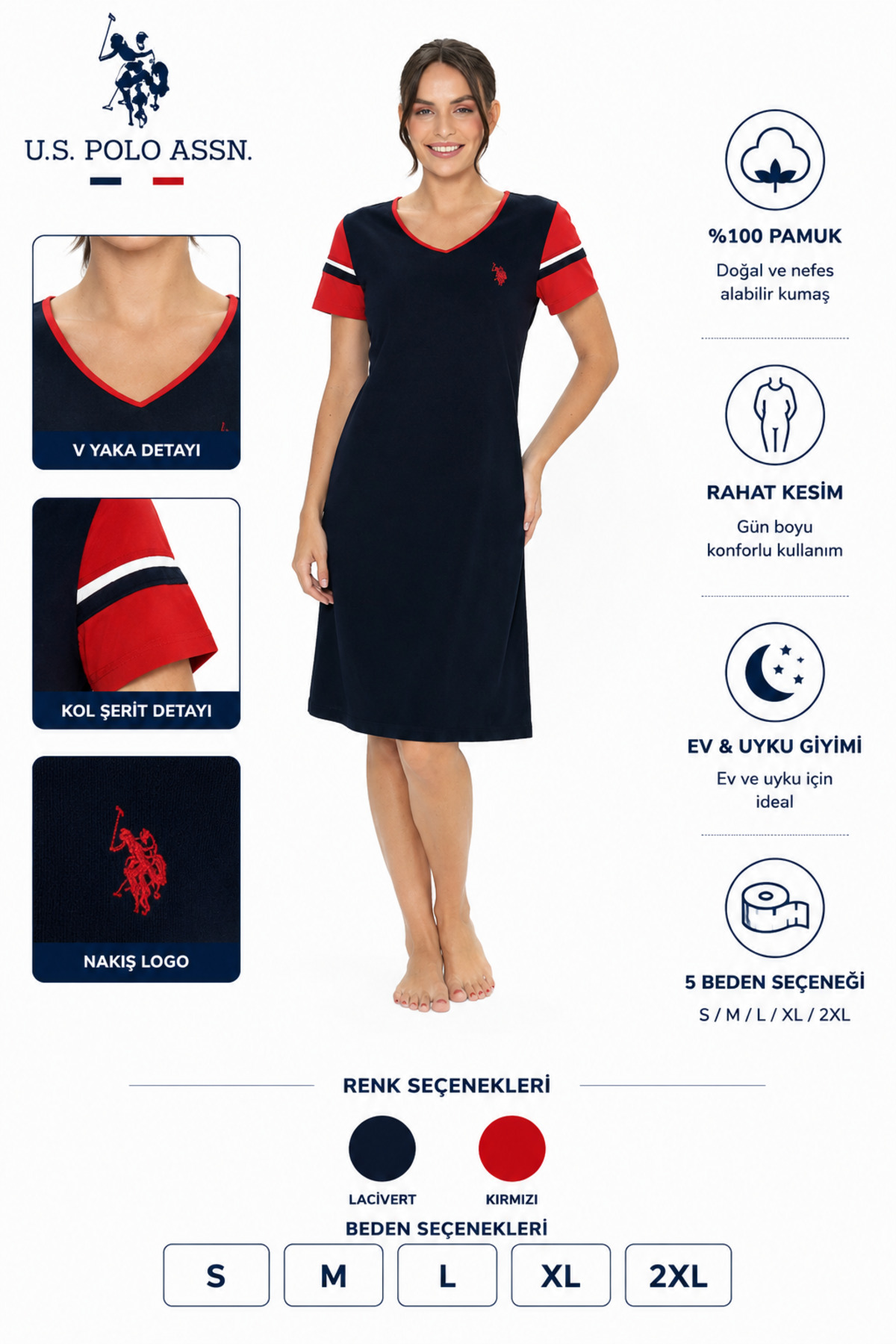 U.S. Polo Assn. Us Polo %100 Pamuk, Kadın Geniş V Yaka, Kısa Kol, Midi Gecelik