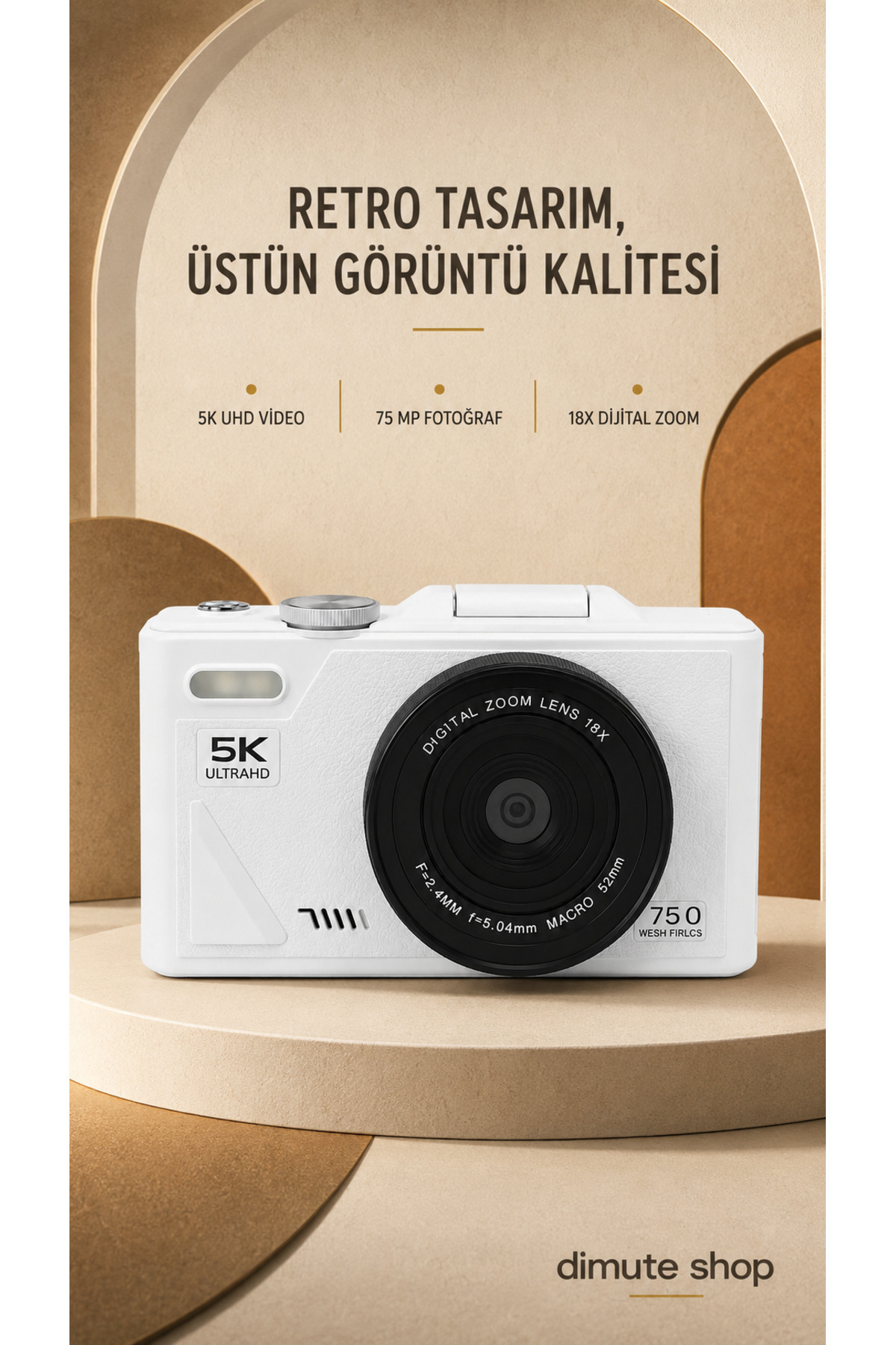 Dimute Shop 5K UHD 75 MP Dijital Kamera | 18X Zoom | Retro Tasarım