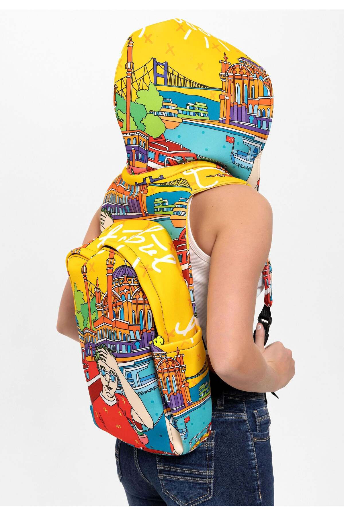 Ikigai City Scorecard Gift Istanbul Pattern Detachable Hooded Lightweight Large School Backpack