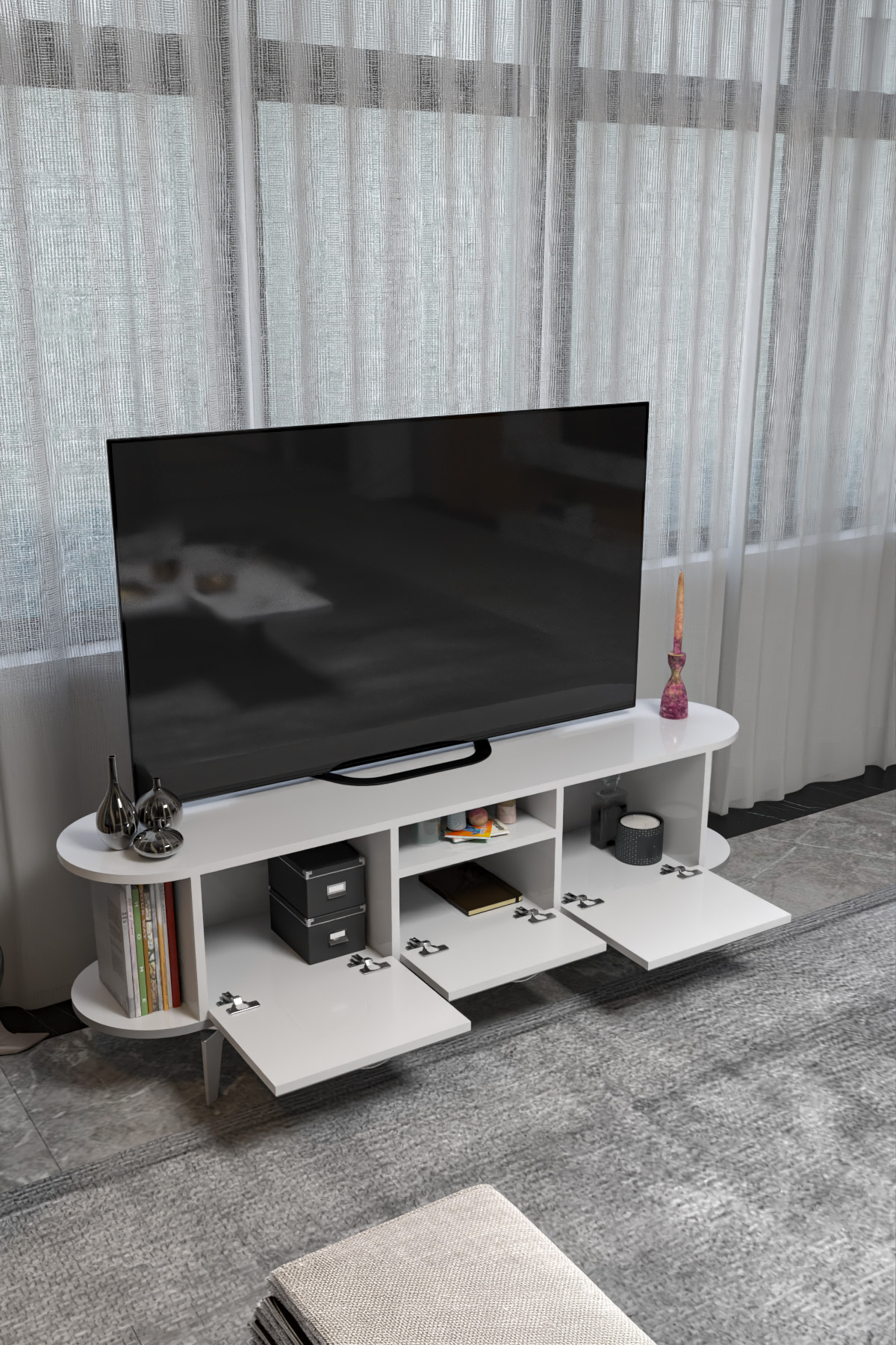 Goldfalez Mira Gümüş TV Ünitesi Beyaz 160 görsel 4