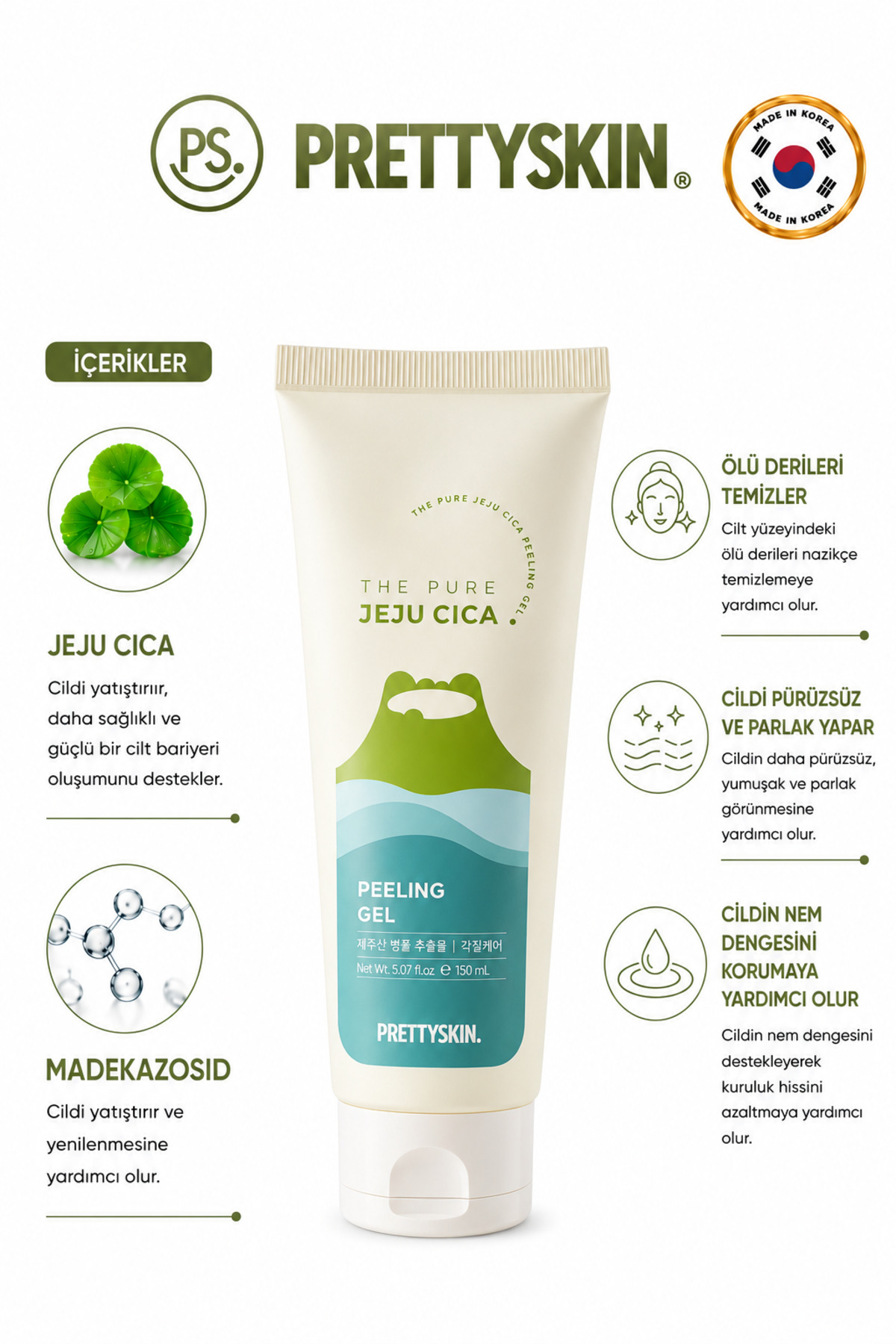 PRETTYSKIN Jeju Cica Peeling Gel – Hassas ve Yağlı Ciltler İçin Yatıştırıcı Peeling 150ml — PSpeeling