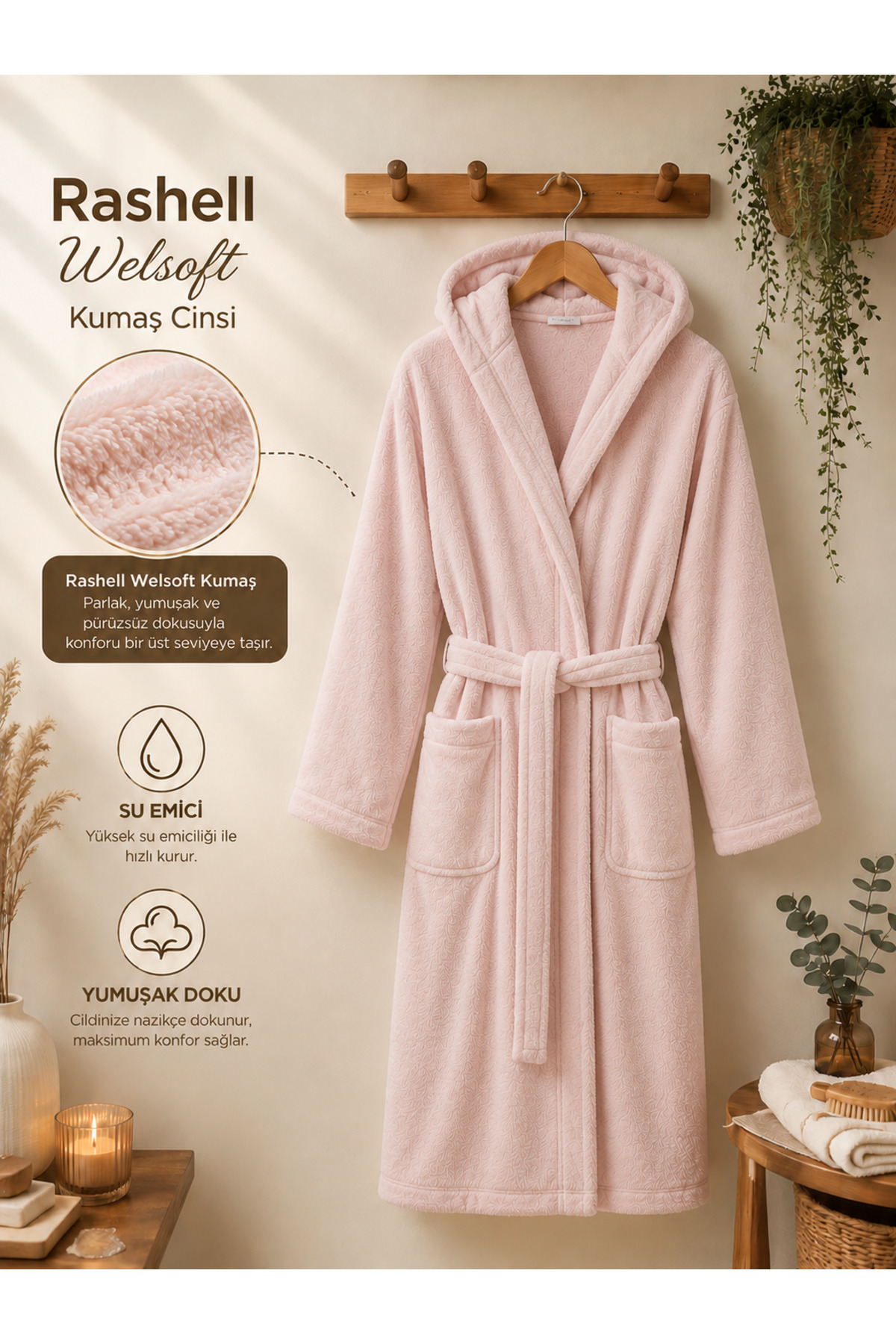Unisex Hooded Bathrobe Pink Rashell Welsoft | Ultra Soft, Water Absorbent, Unisex Spa & Bathrobe