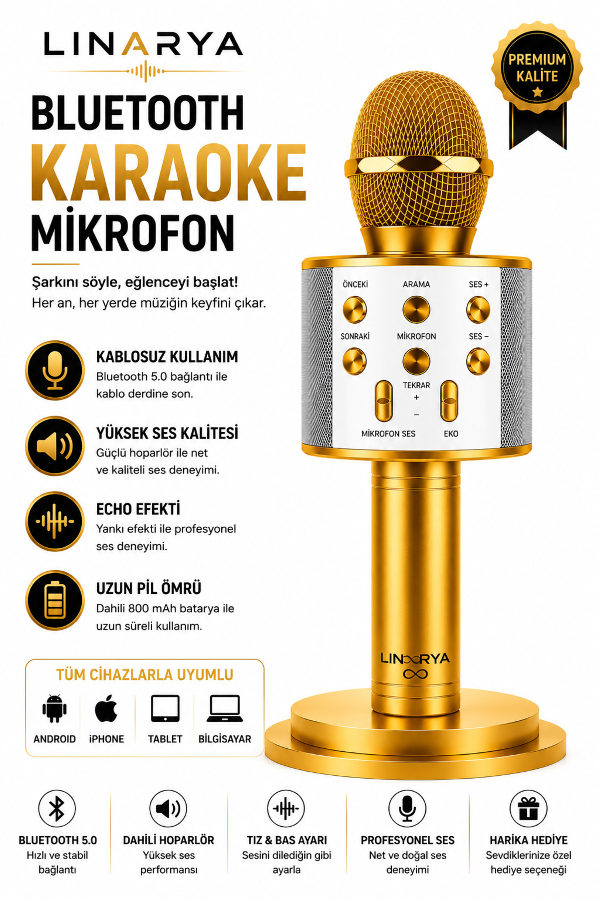 linarya Bluetooth Karaoke Mikrofonu Kablosuz Taşınabilir Hoparlörlü  M
