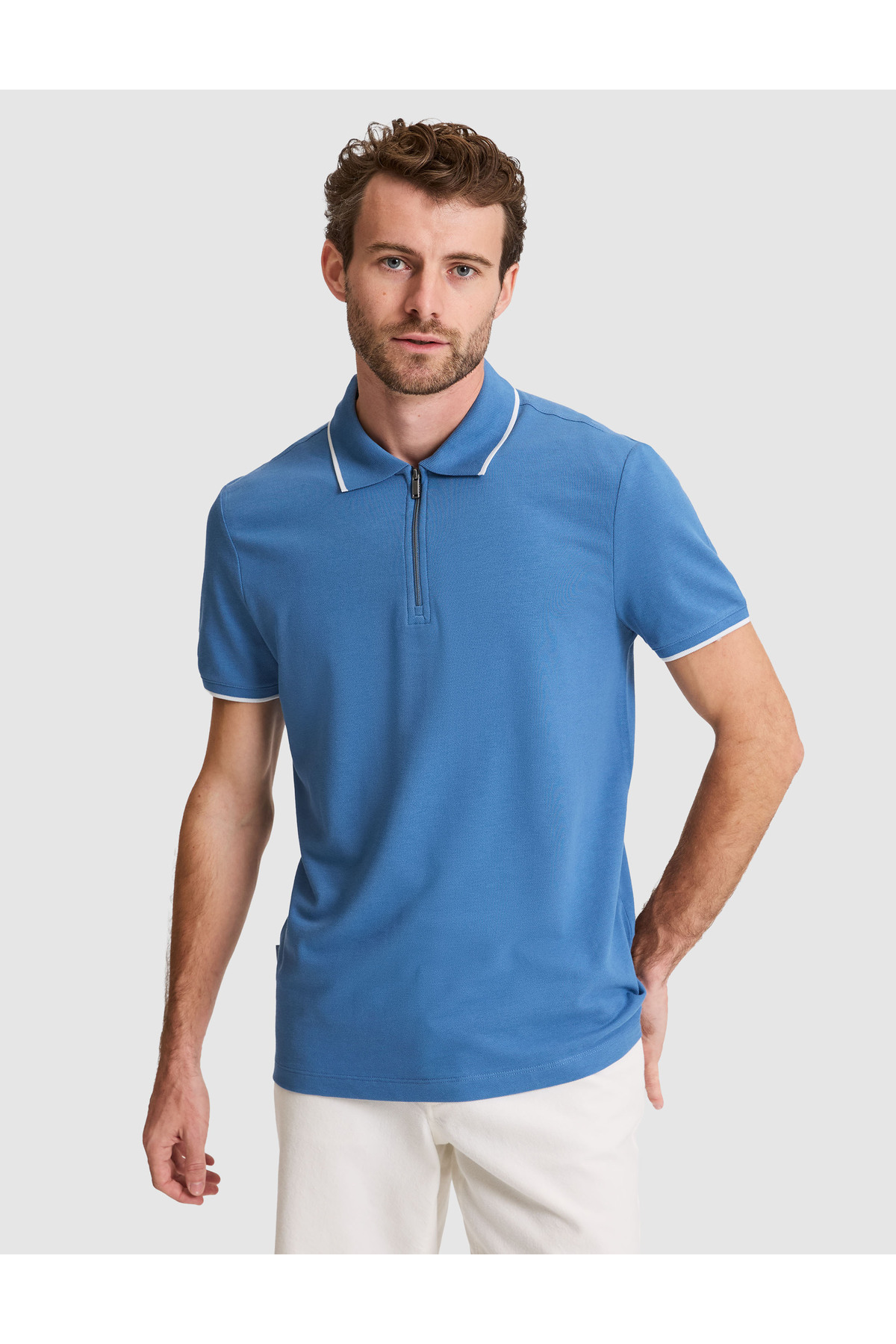 Pierre Cardin Dark Blue Slim Fit 100% Cotton Zippered Polo Collar T-Shirt 50307516-Vr032