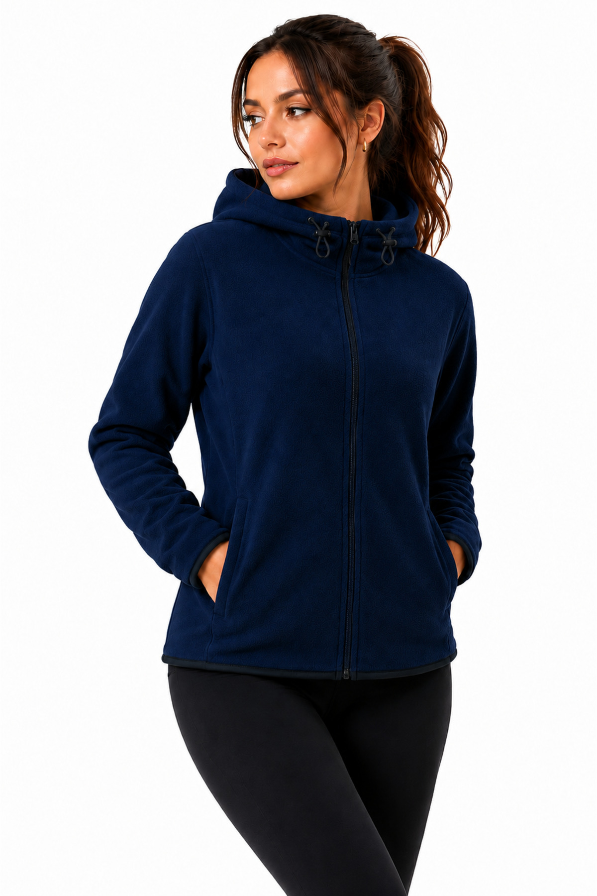 GHASSY CO Kadın Lacivert Kapşonlu Fermuarlı Polar Sweatshirt görsel 2