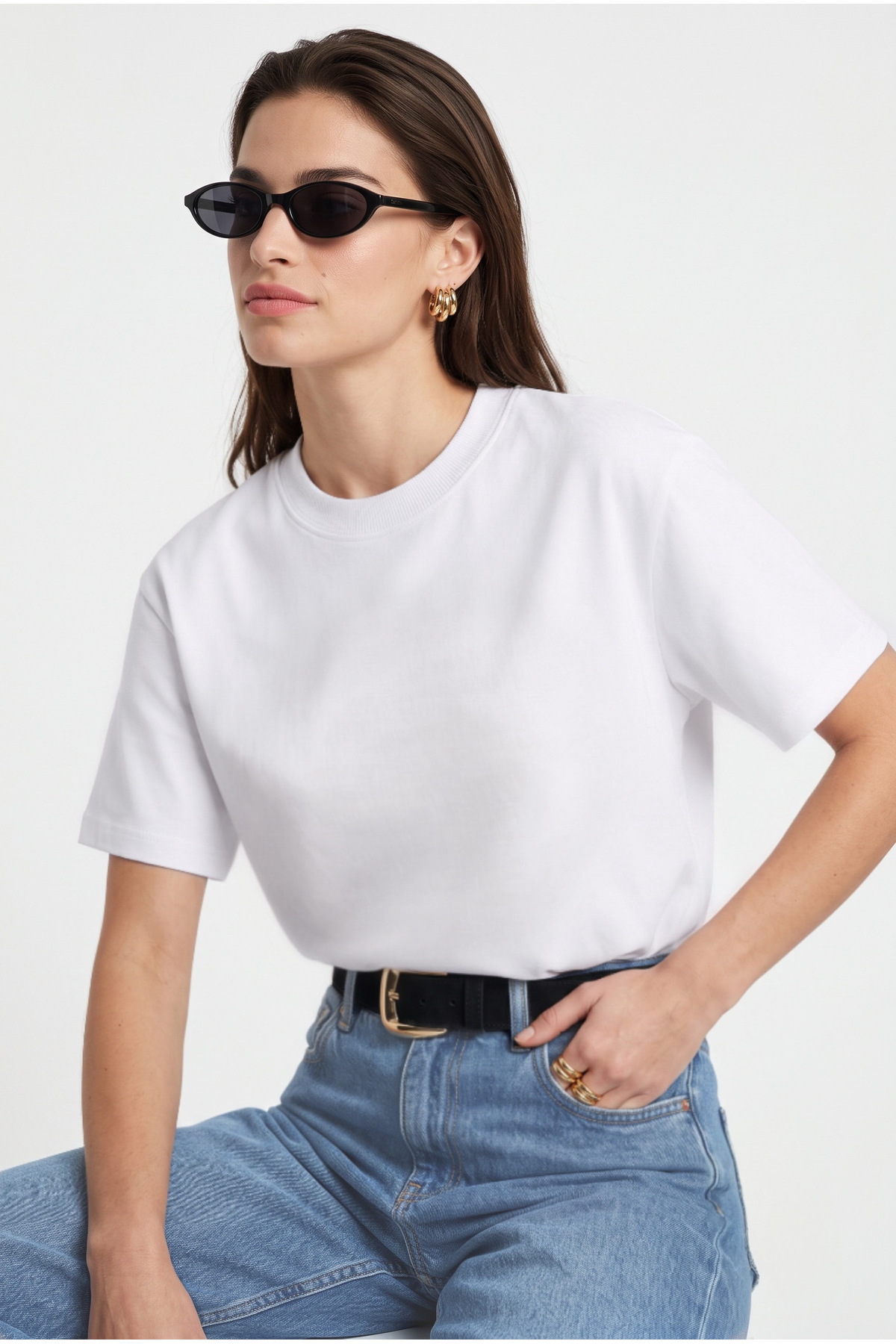 Ritnice Kadın Rise Dekoratif Yaka Tok Doku %100 Pamuk Beyaz T-Shirt görsel 3