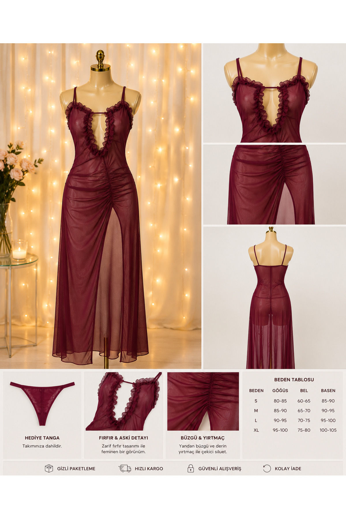 Best Dream Kadın Bordo Derin Yırtmaçlı Dantel Detaylı Gecelik Tanga Hediyeli Romantik Askılı Gecelik görsel 2